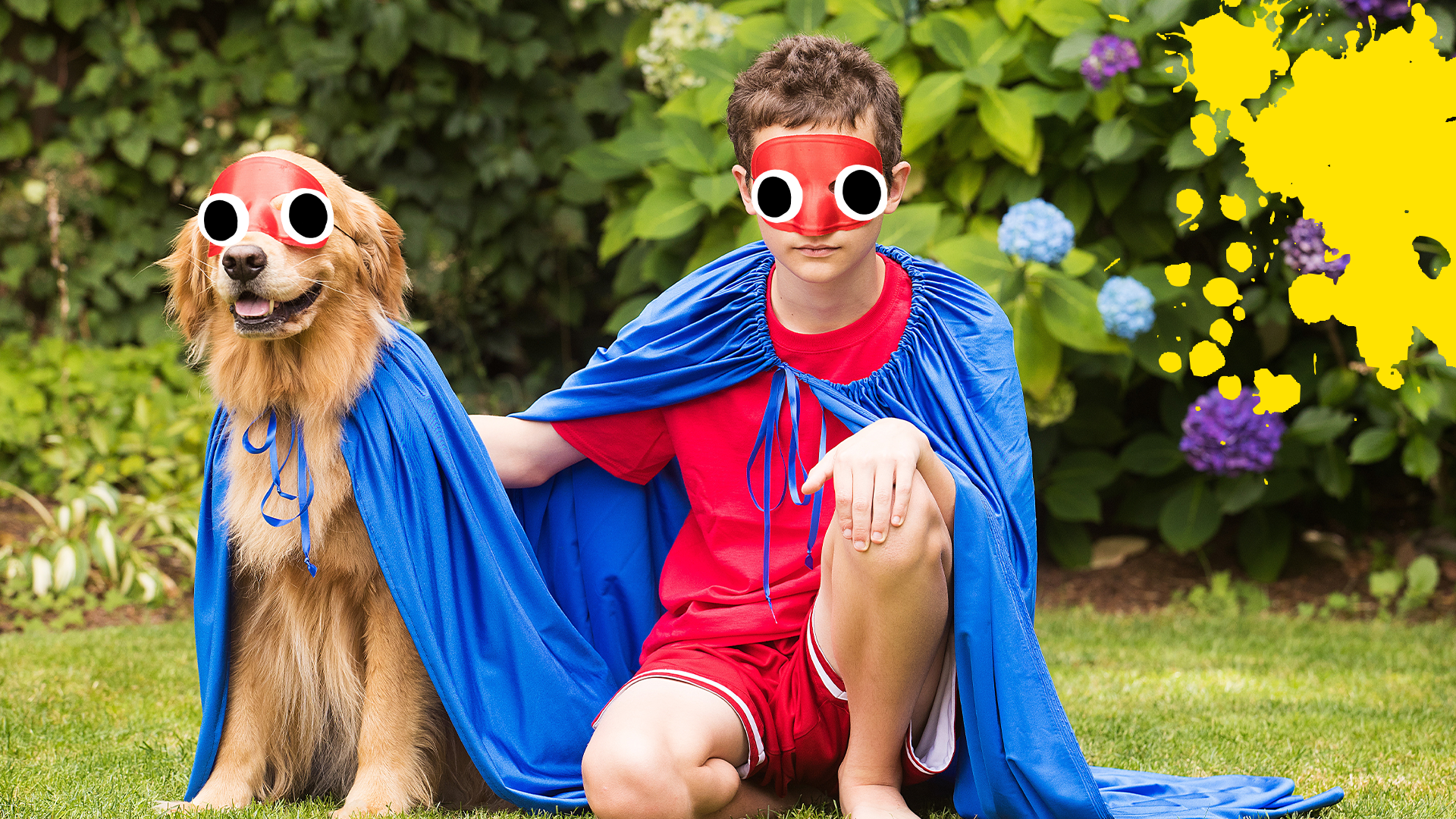 A boy and dog in capes, dressed as a crime fighting duo 