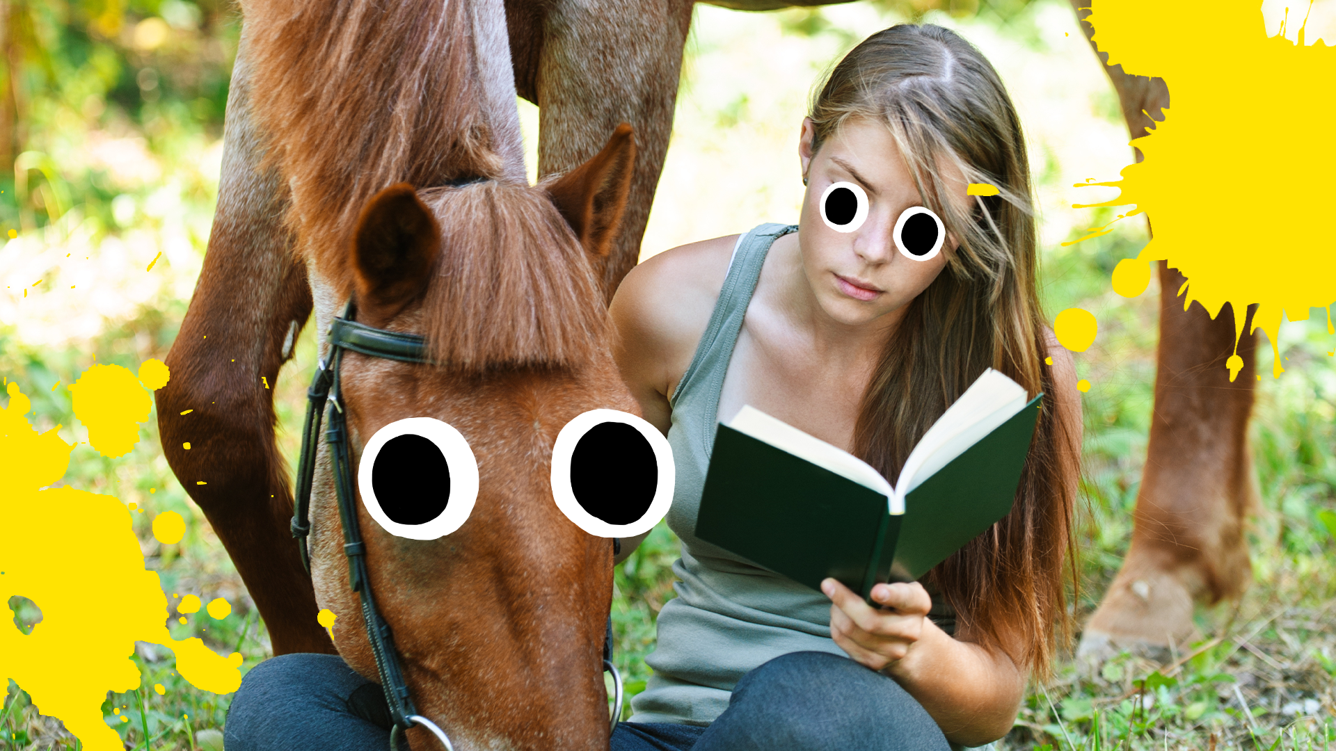 Woman reading next to horse with splats