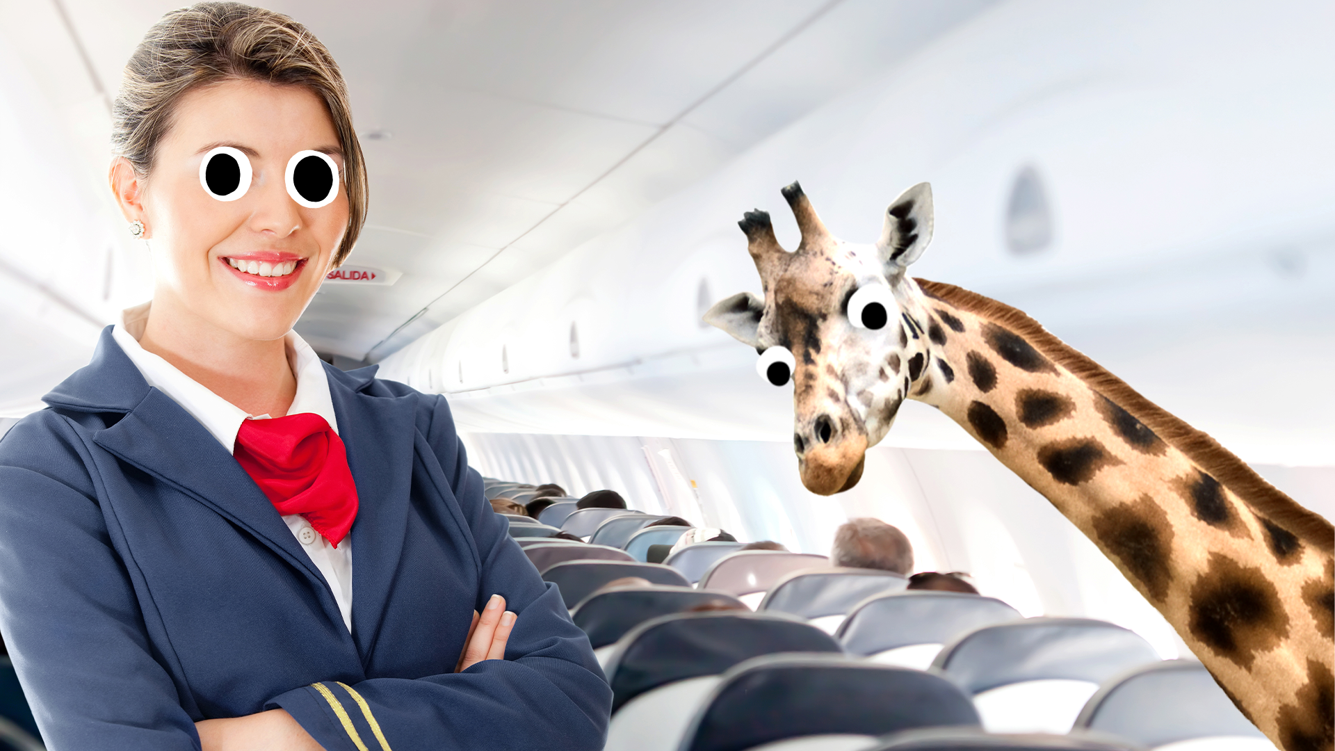 Air hostess on plan with derpy giraffe