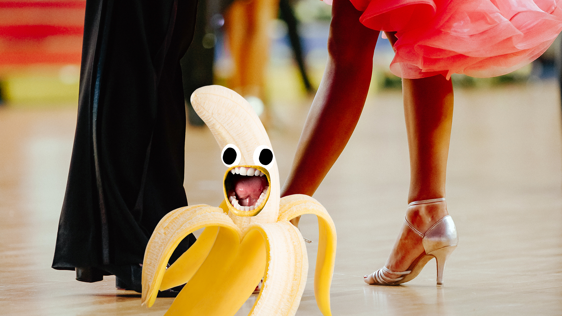 Feet of ballroom dancing couple and screaming banana 