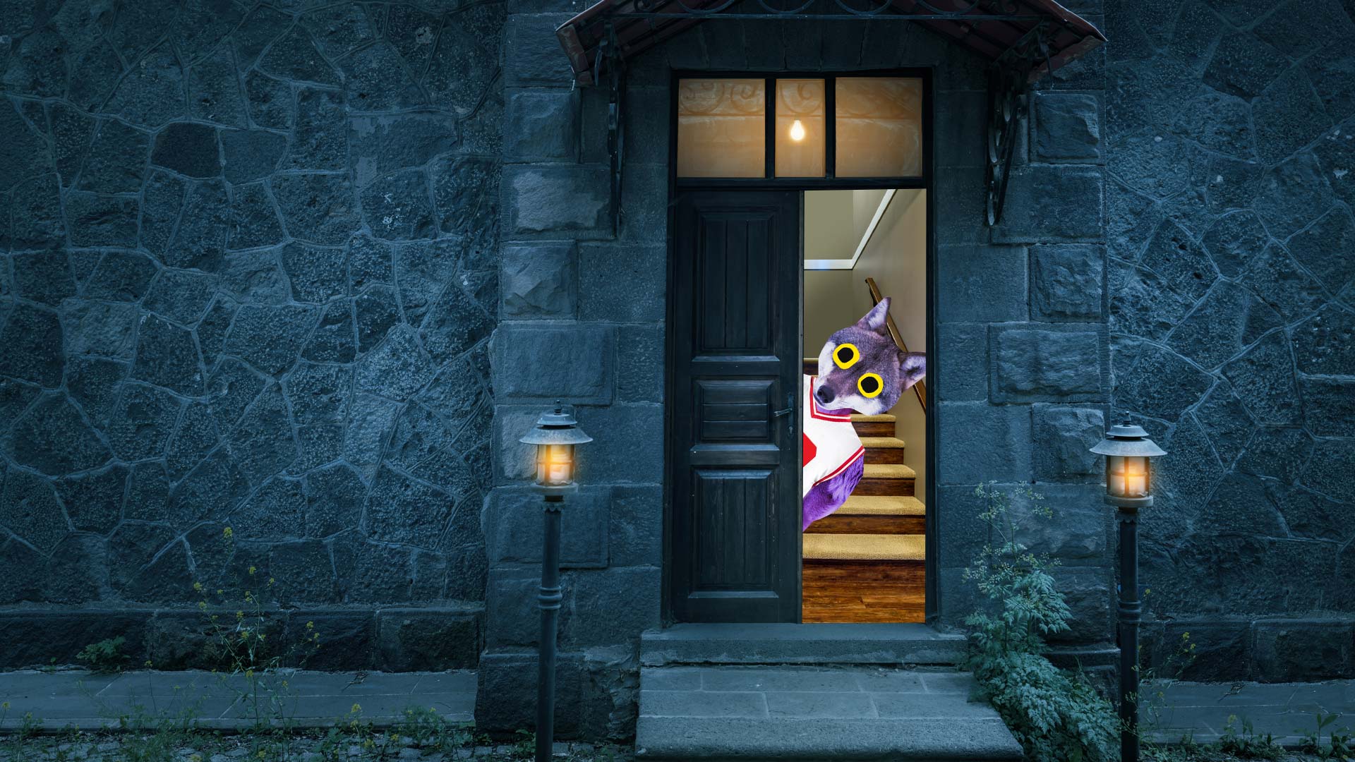 A spooky door answered by a werewolf