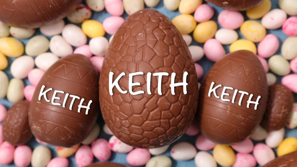 Easter eggs with the name Keith iced on the shell
