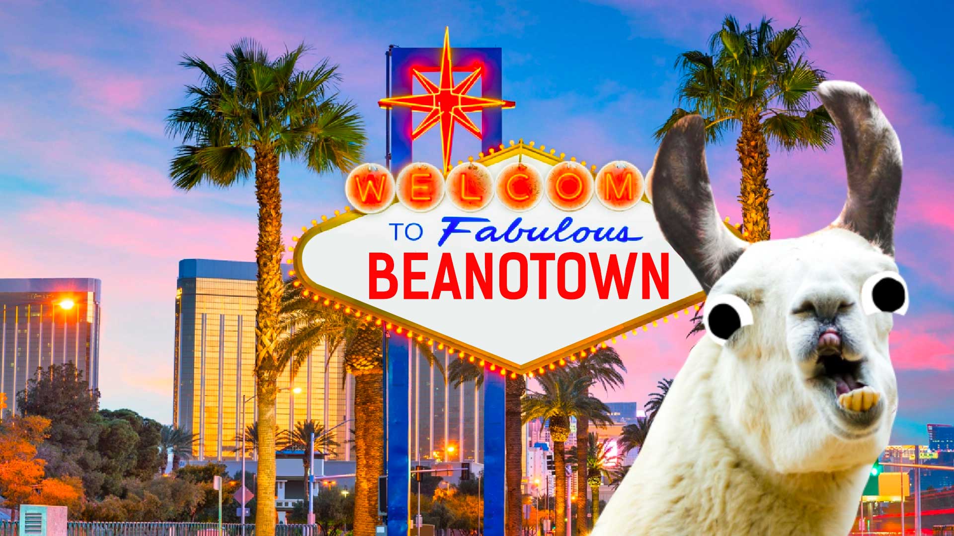 A sign saying Welcome to Fabulous Beanotown – with a llama in the front of the image