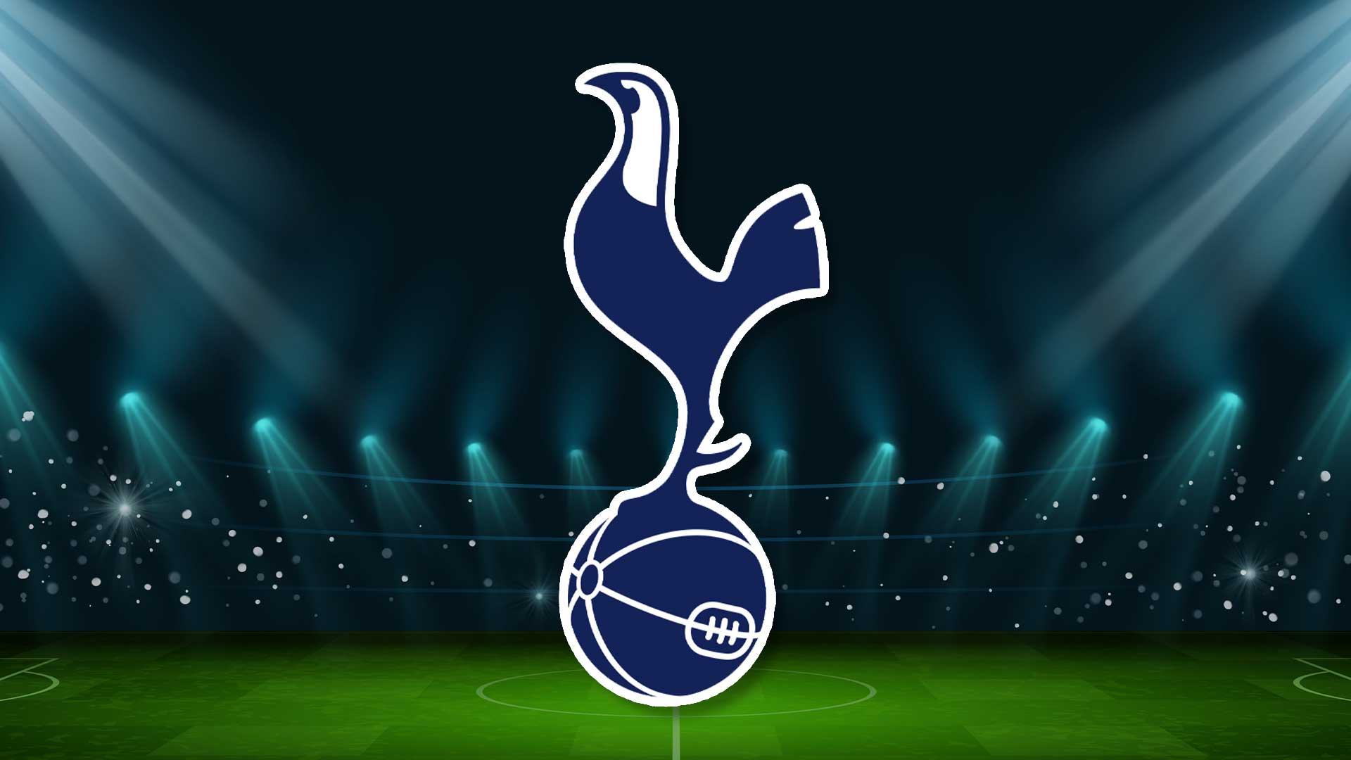 The Tottenham Hotspur badge with a generic football stadium in the background