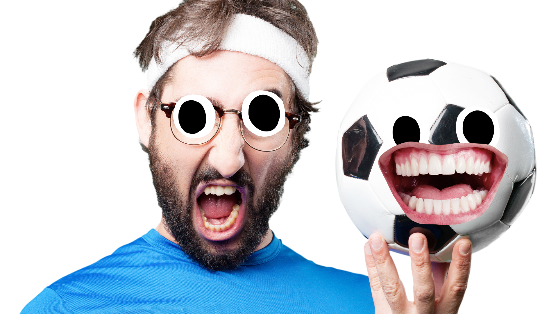 Goofy man holding football with face on white background