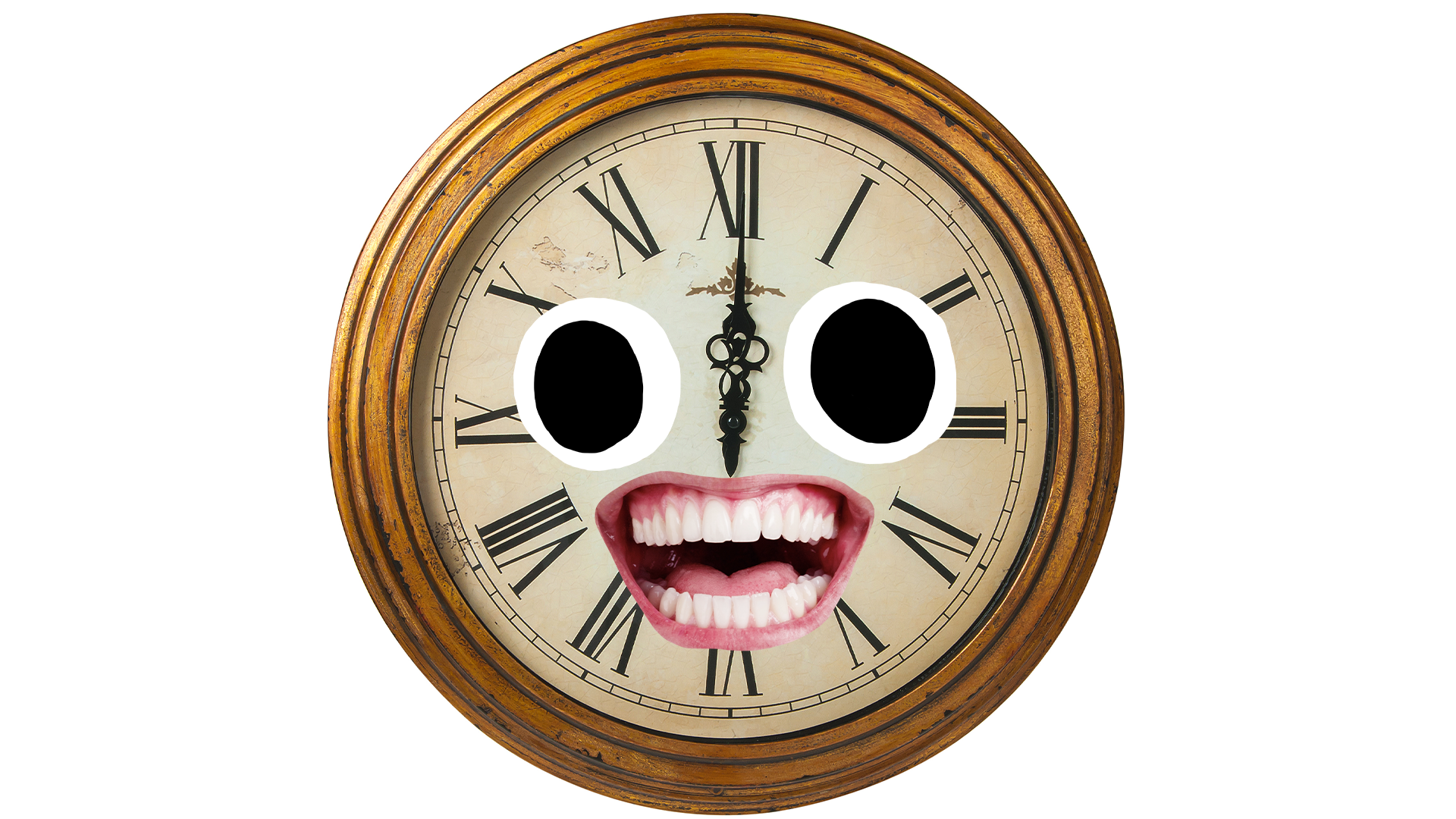 Old clock with goofy face on white background