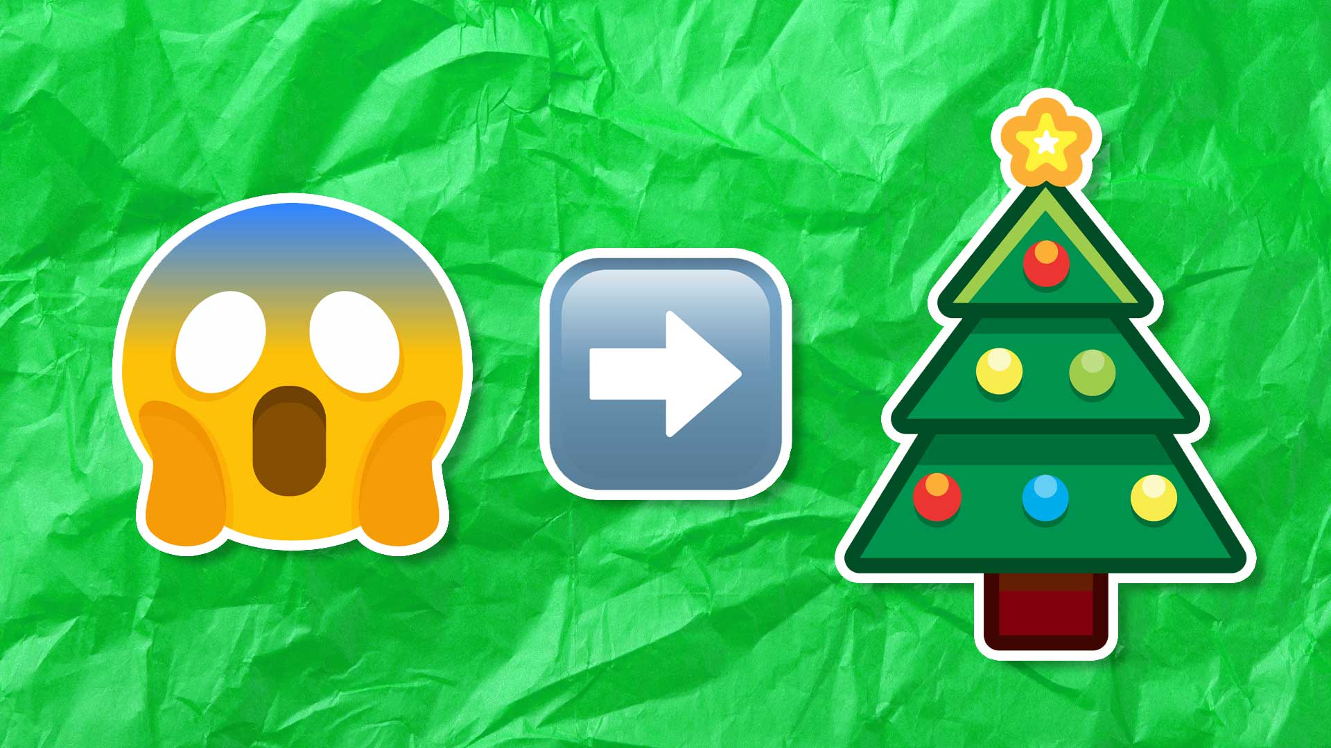 A scared emoji, an arrow and a Christmas tree