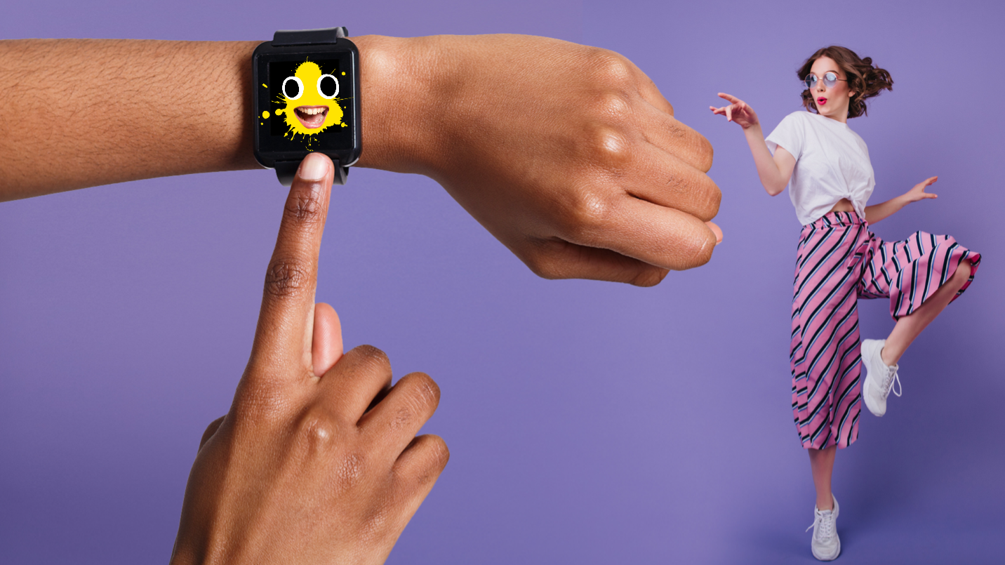 A person pointing at their watch
