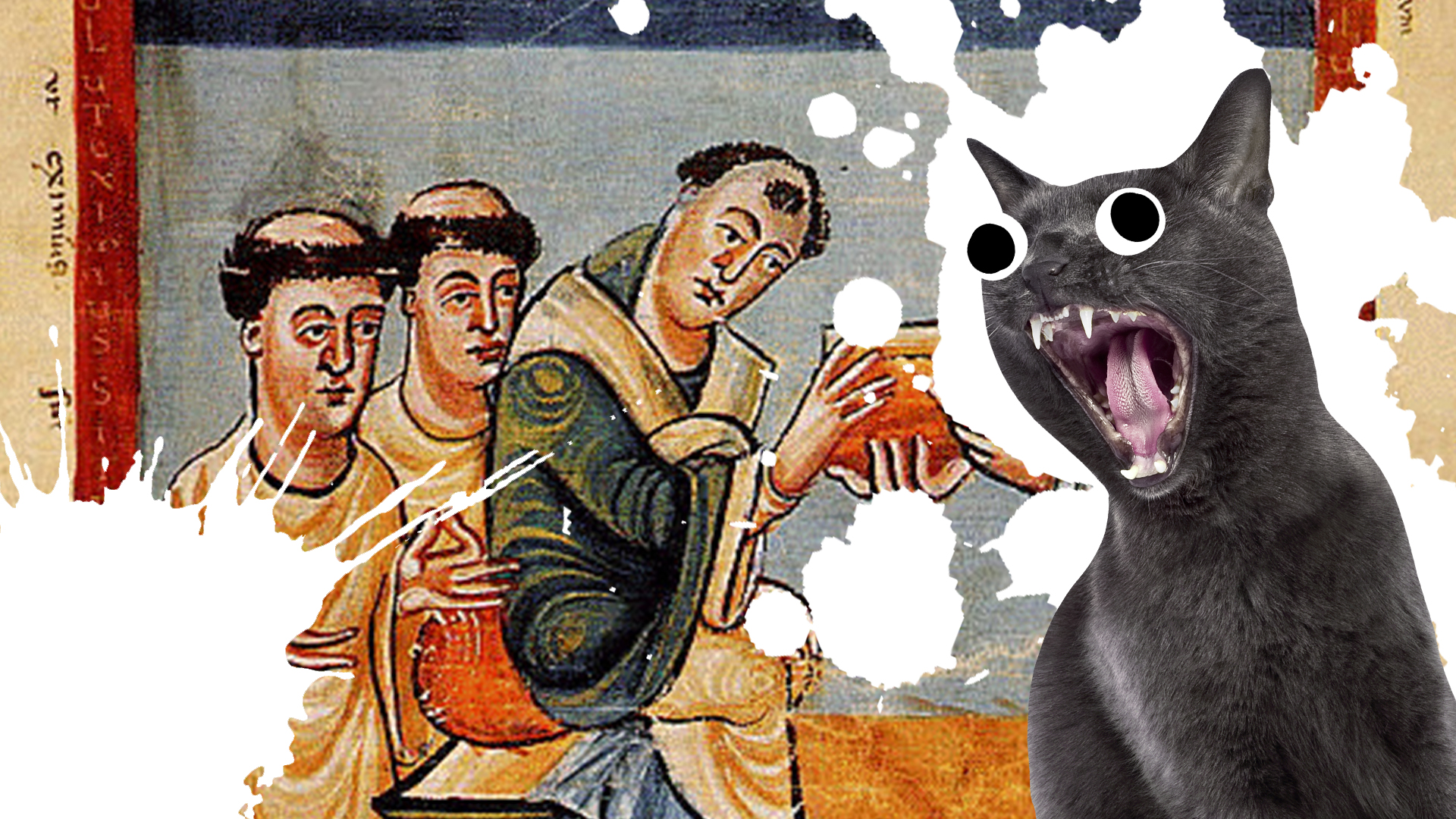 A religious painting and a cat