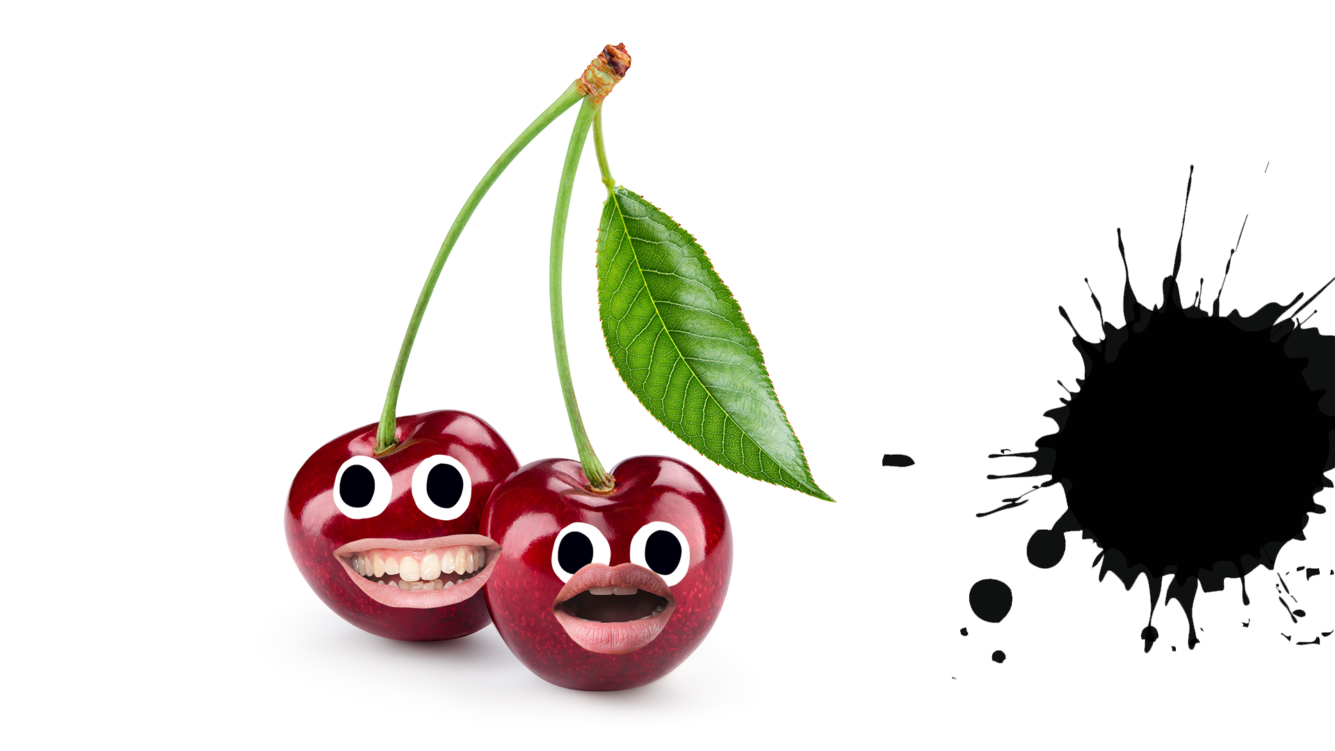 Cherries with faces on white background