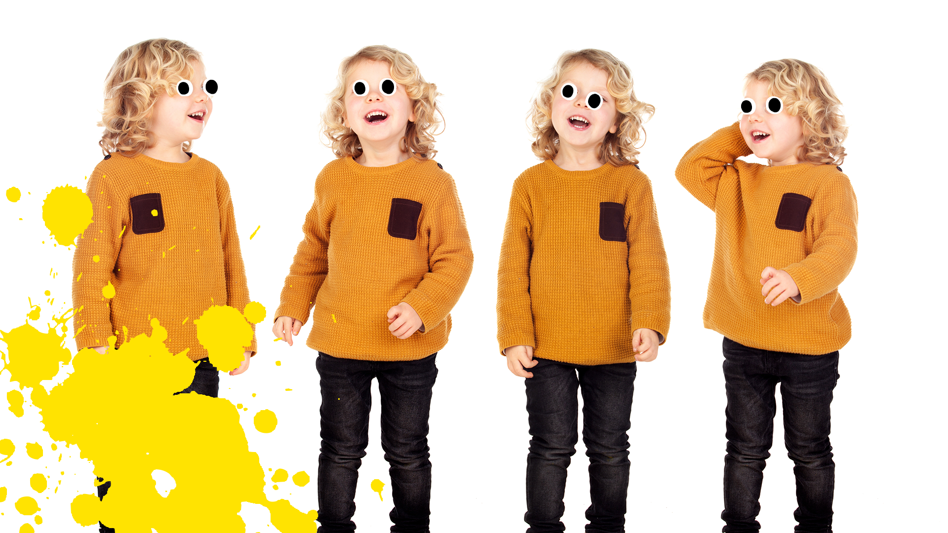 Four identical children on a white background