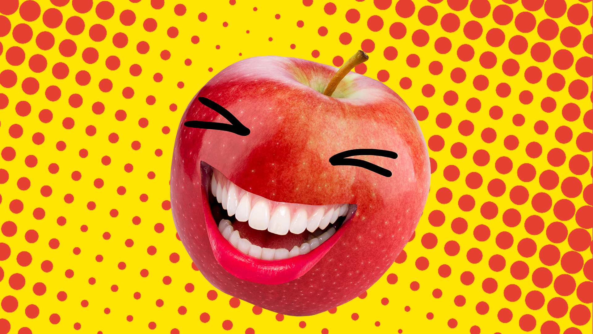 Apple laughing on red and yellow background