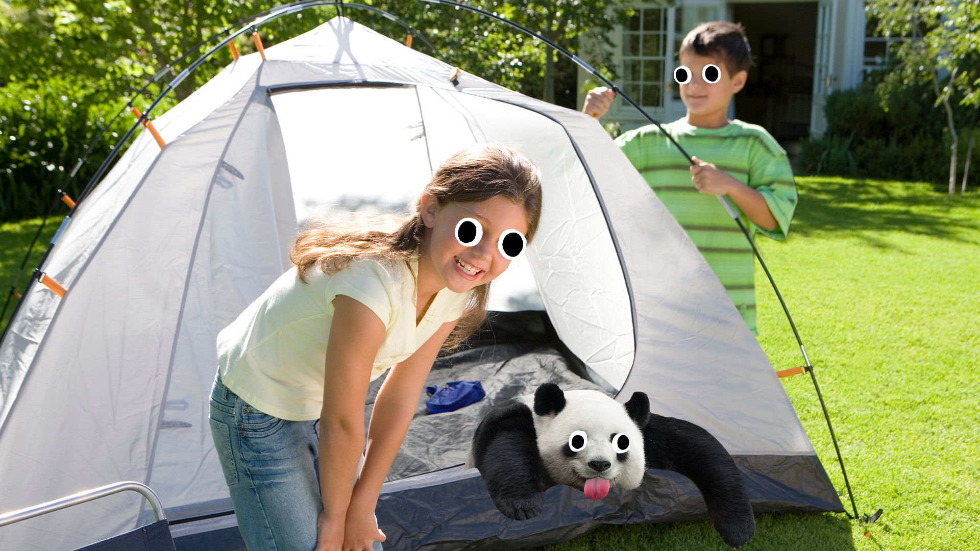 Children camping in garden with derpy panda