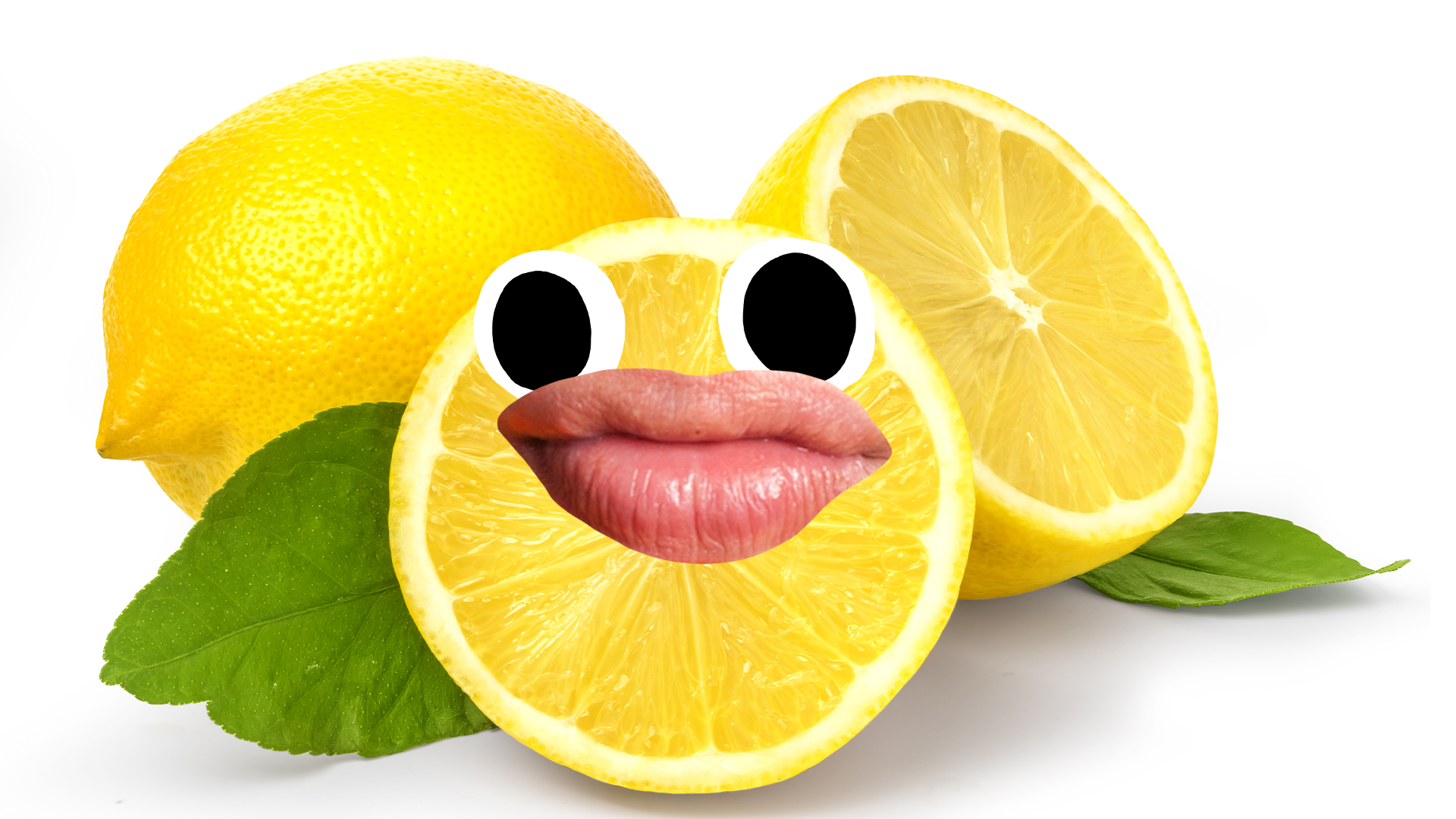 Lemon with goofy face on white background 