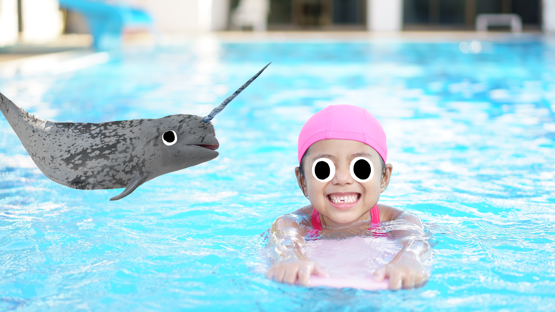 Narwhal and little girl in pool 