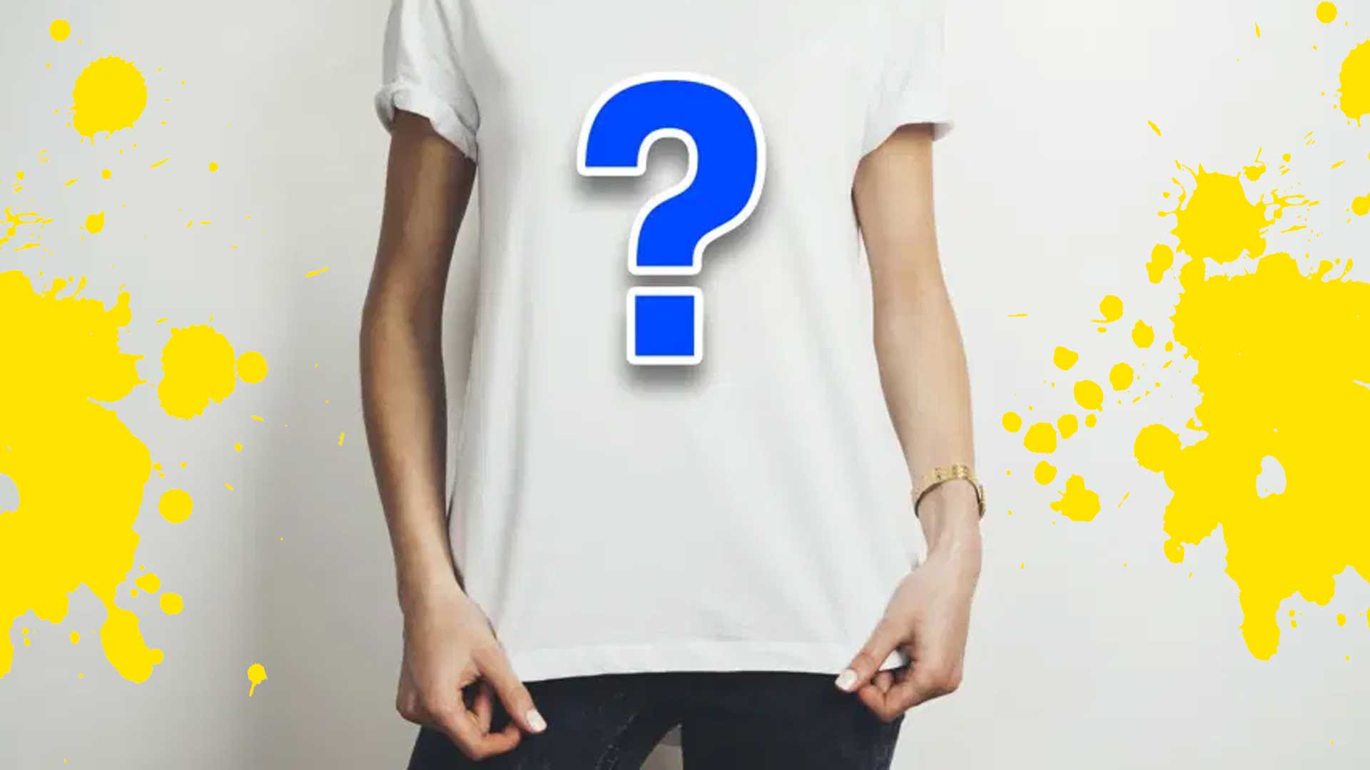 A white t-shirt with a question mark on the front