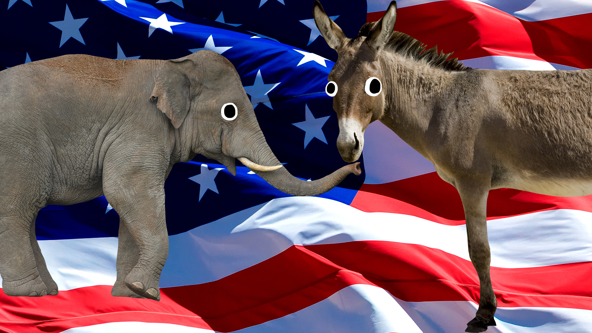An elephant and a donkey in front of the USA flag