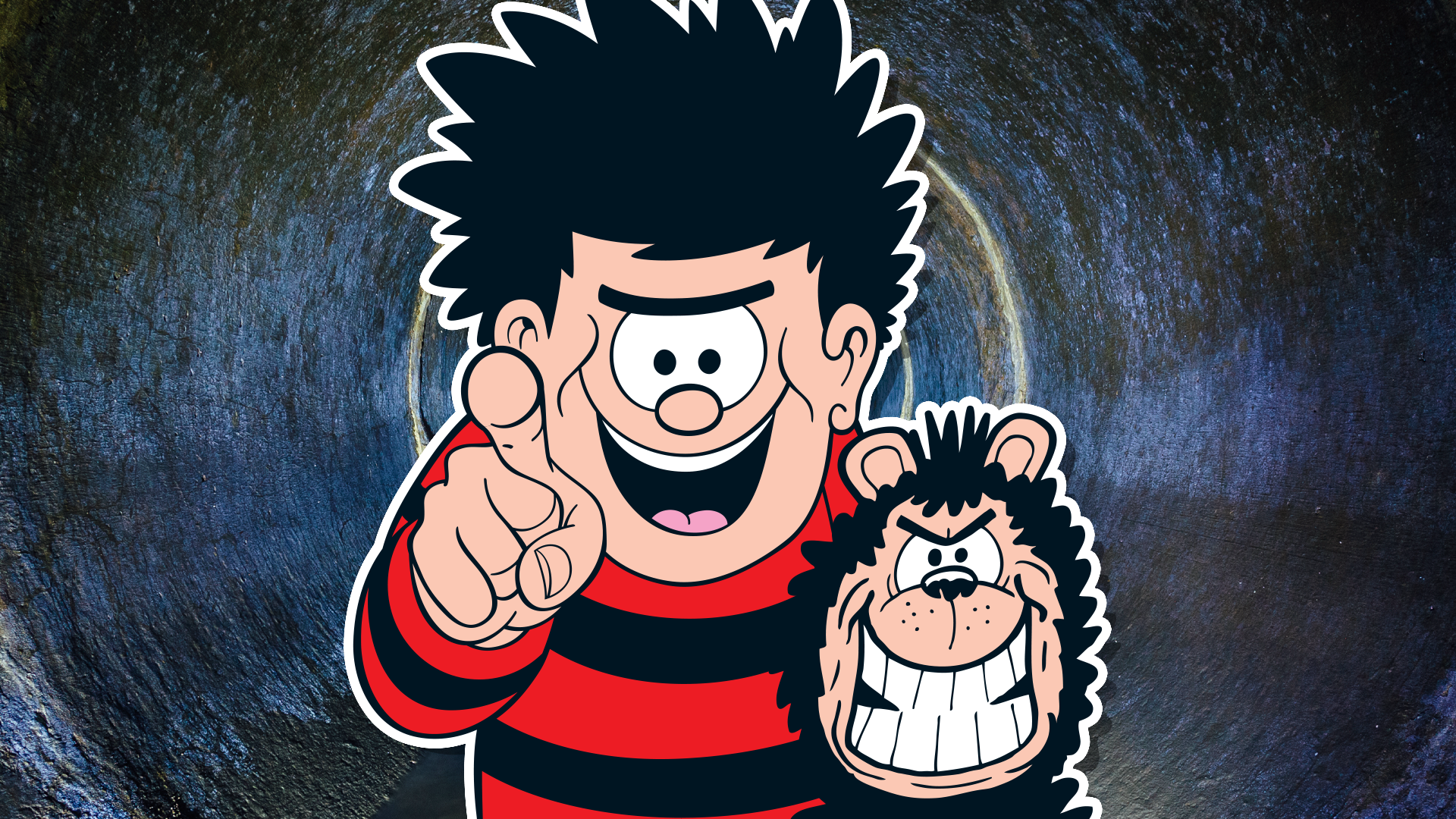Dennis and Gnasher in an underground sewer pipe