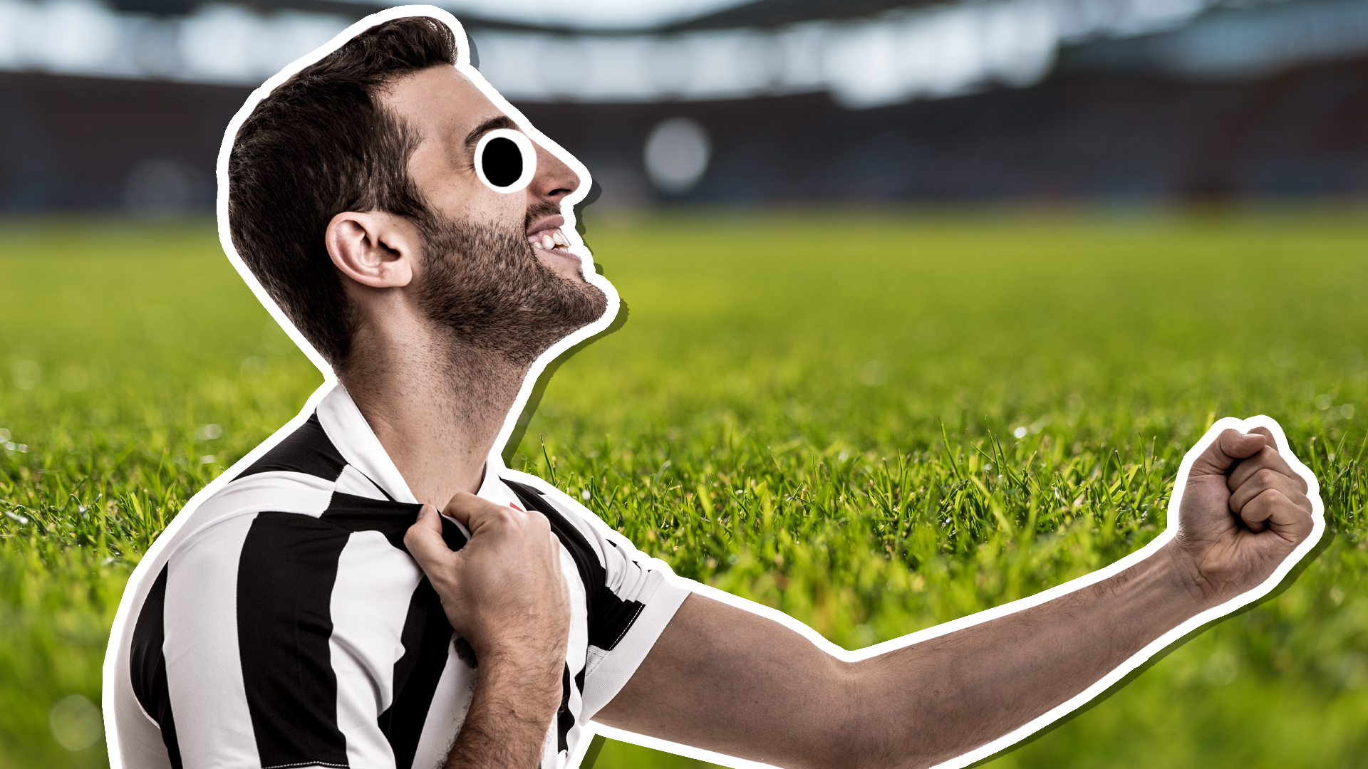 A man in a black and white striped shirt celebrating a goal