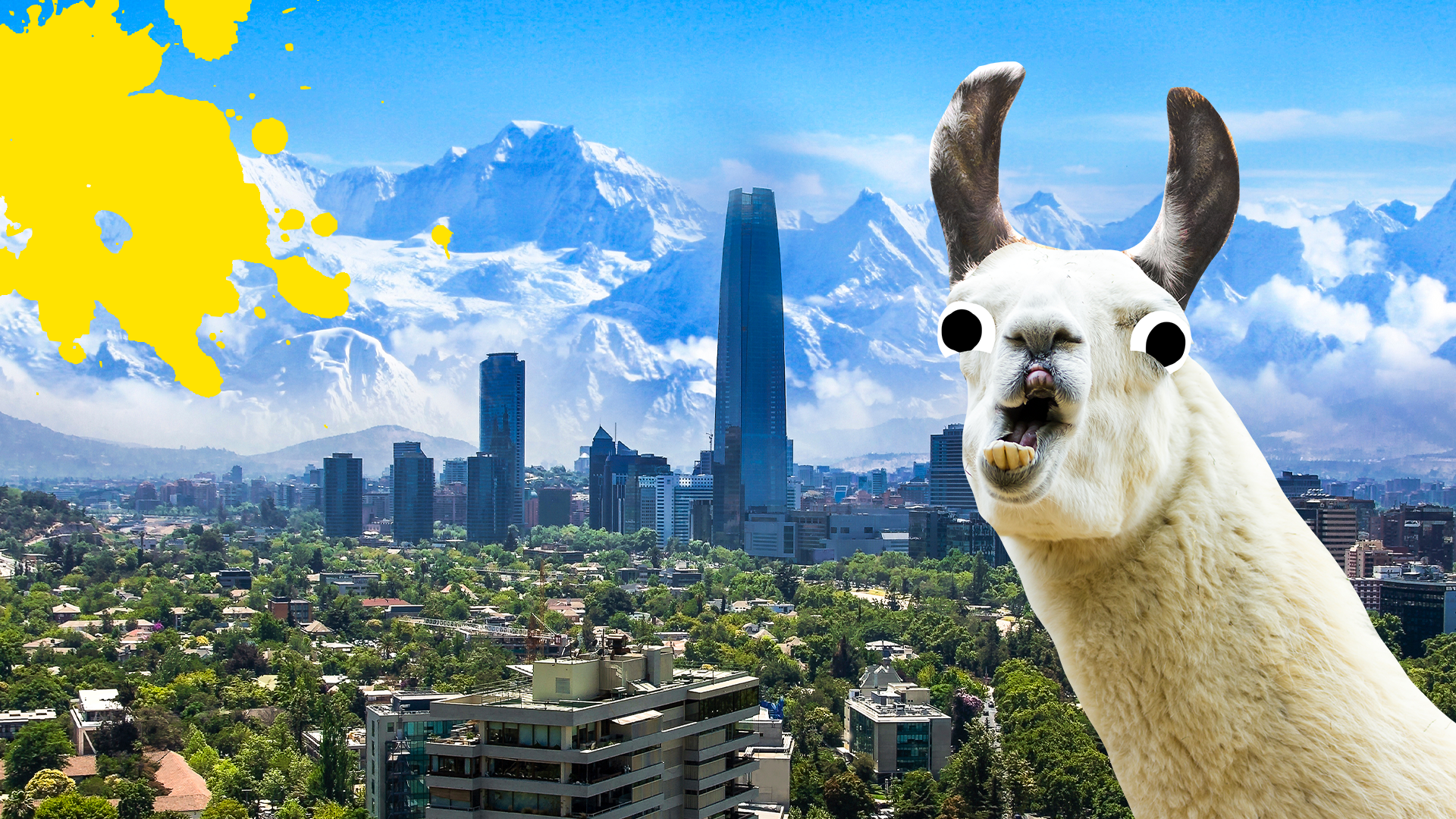 Derpy llama and South American City background with yellow splat