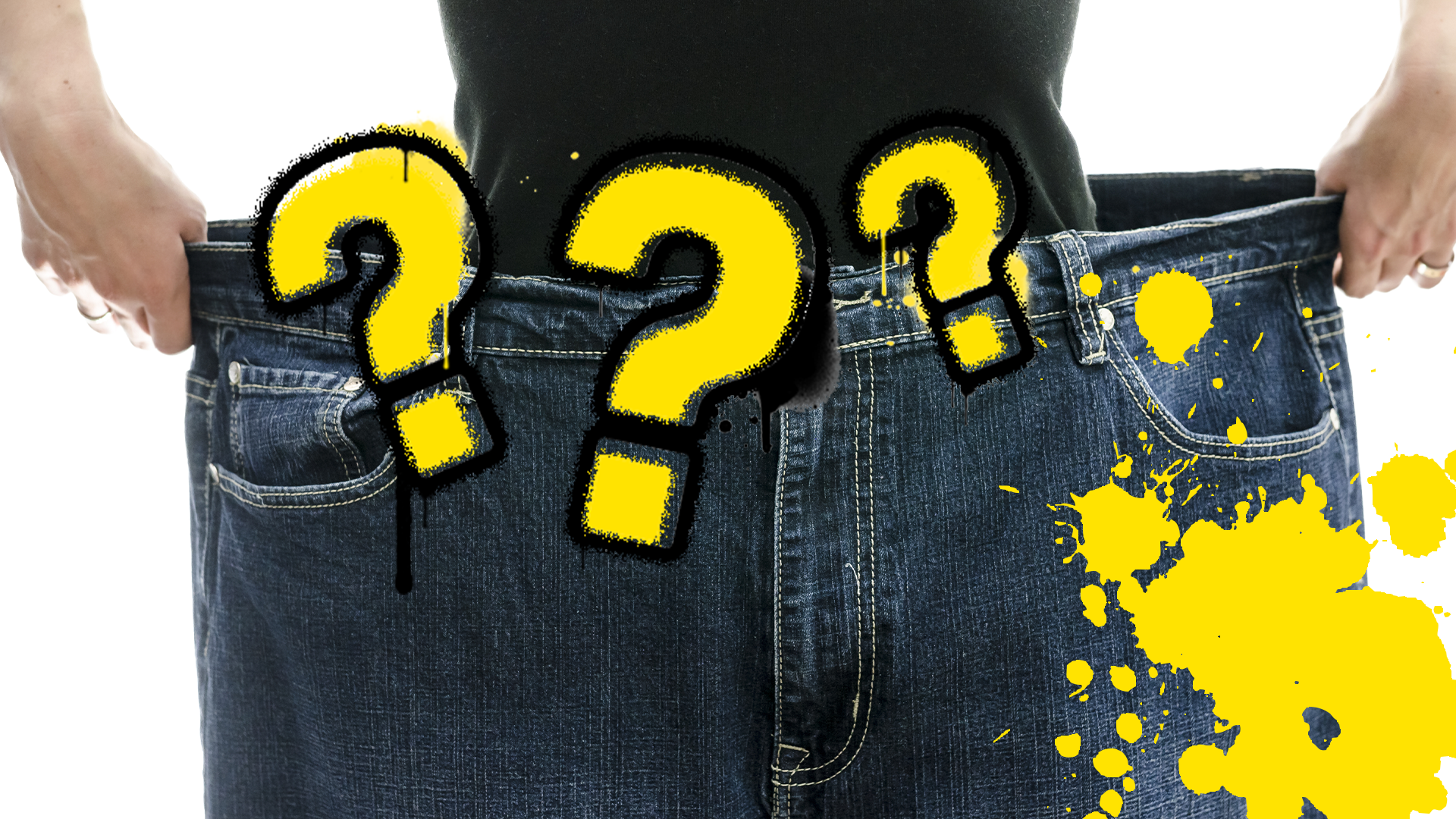 Someone wearing baggy jeans on white background with splats and question marks