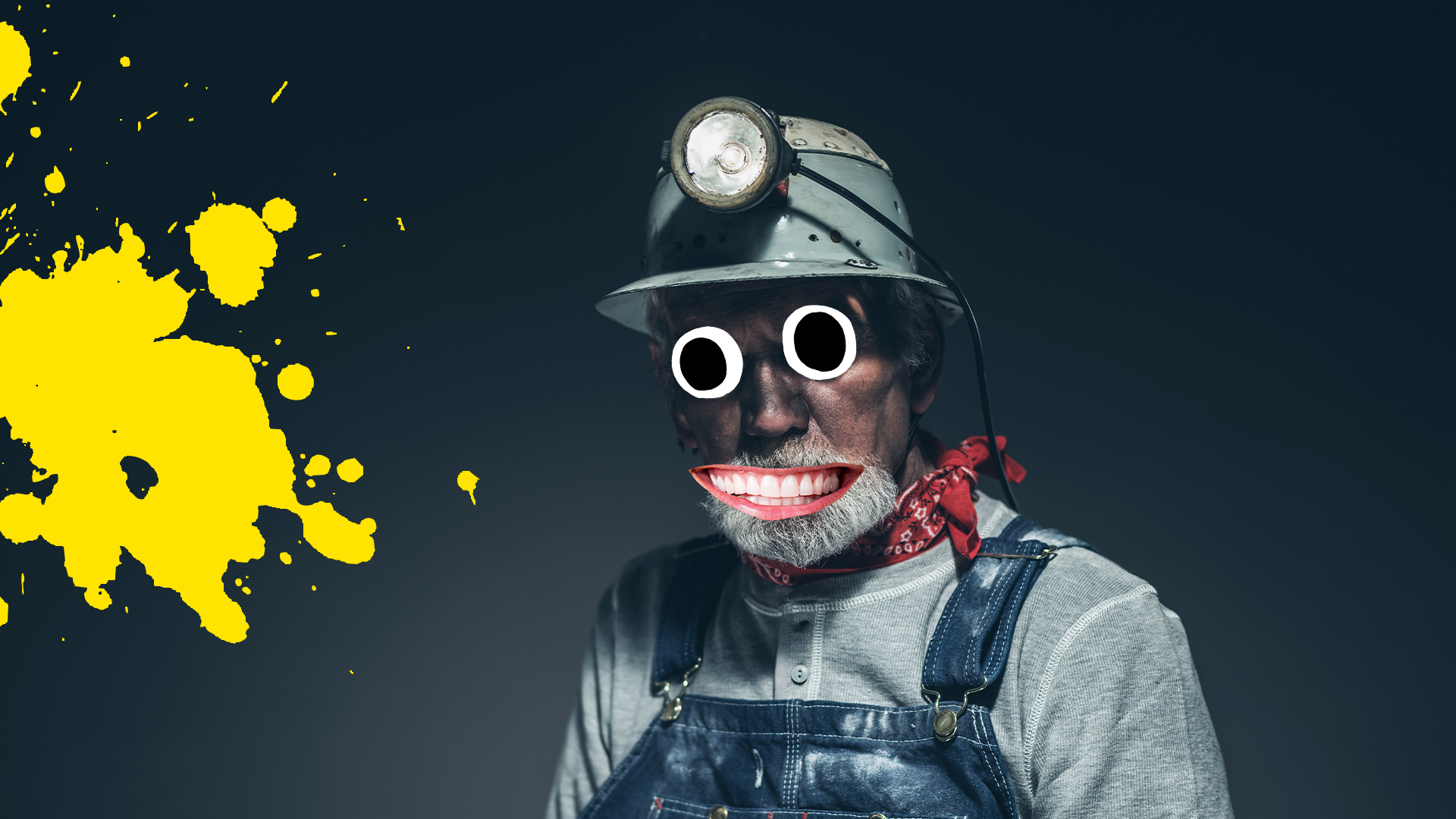 A guy in dungarees and hard hat grinning on grey background with yellow splat 