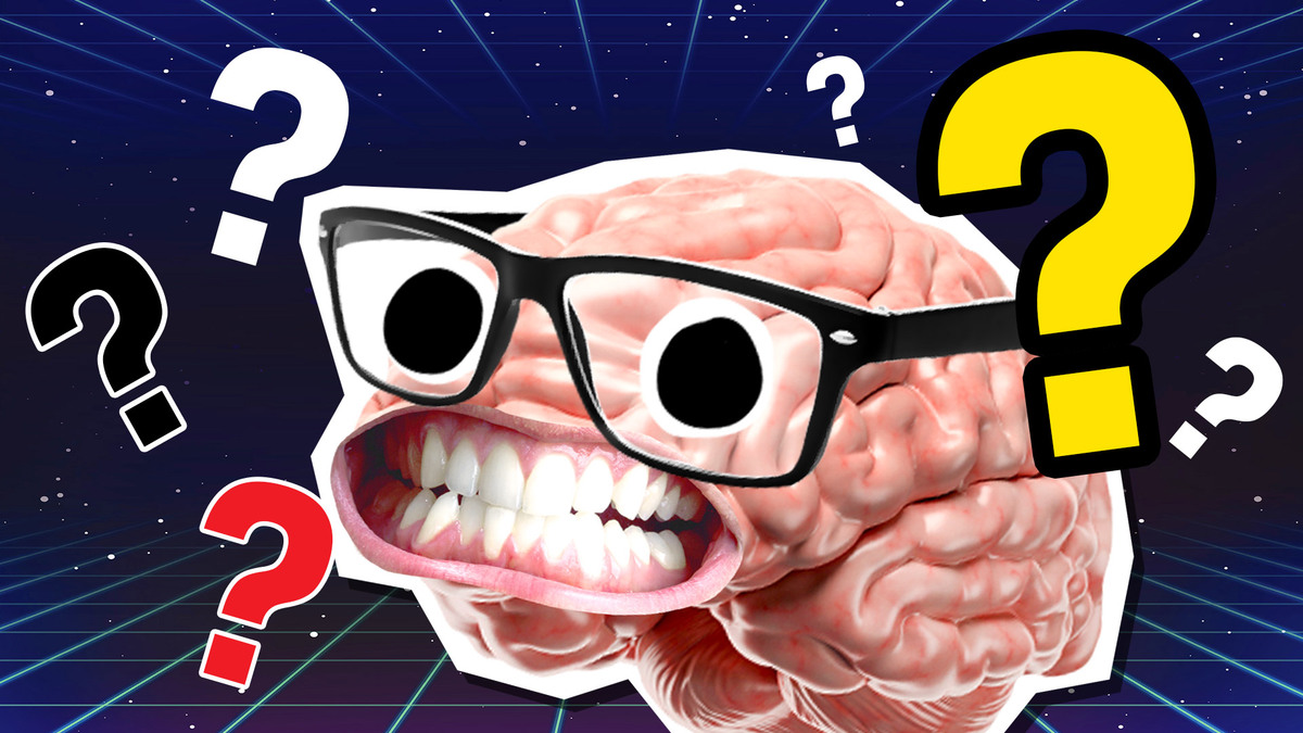 A brain wearing glasses surrounded by question marks