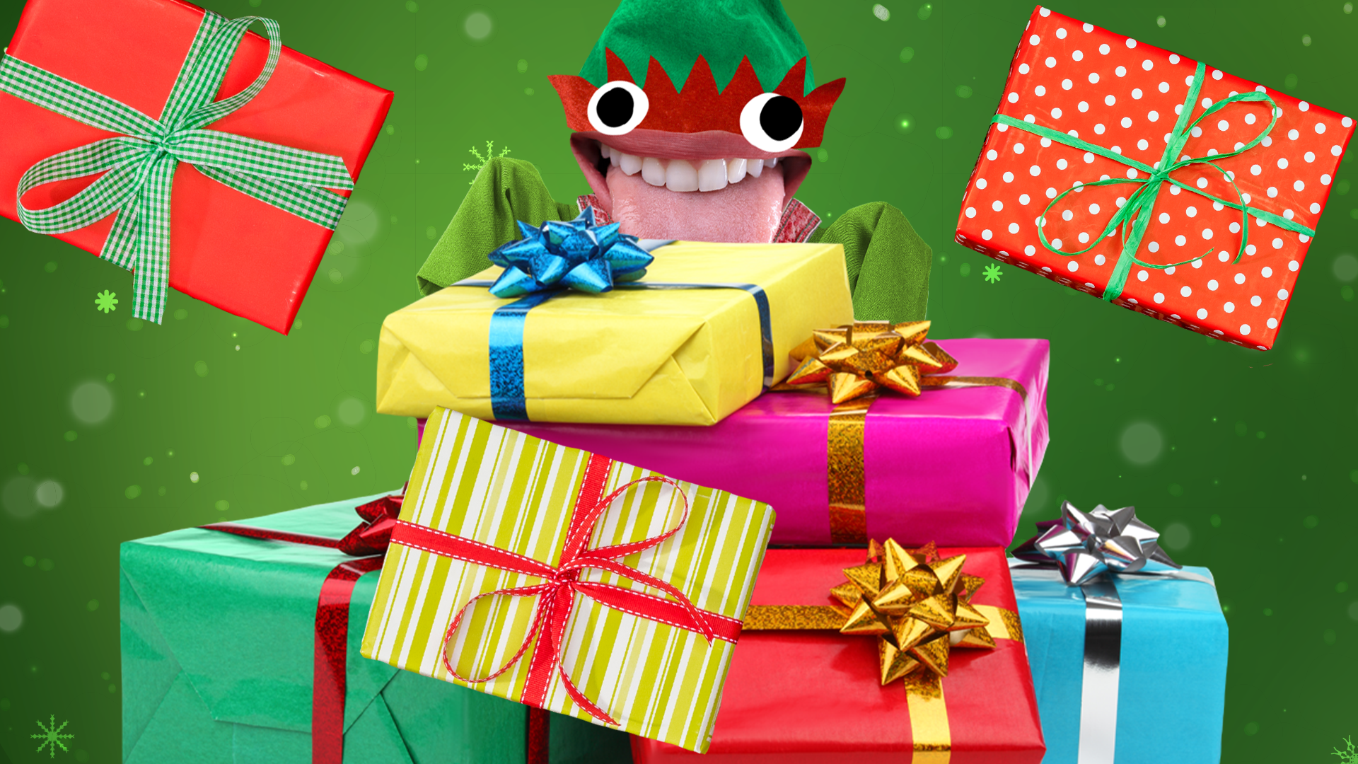 Beano elf surrounded by presents on green Christmas background