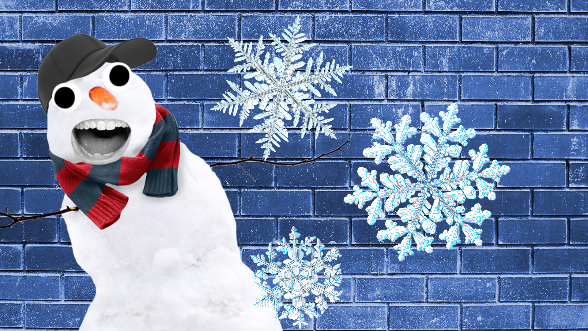 Beano snowman and snowflakes on blue brick background