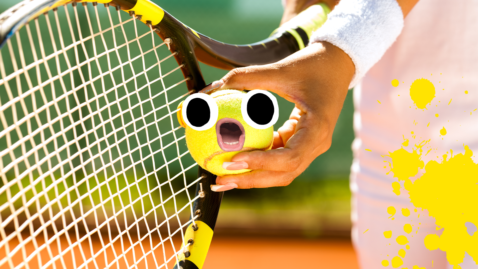 Hand with tennis racket and ball with goofy face and splats