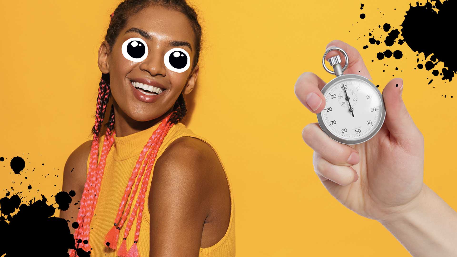 A woman and a person holding a stop watch