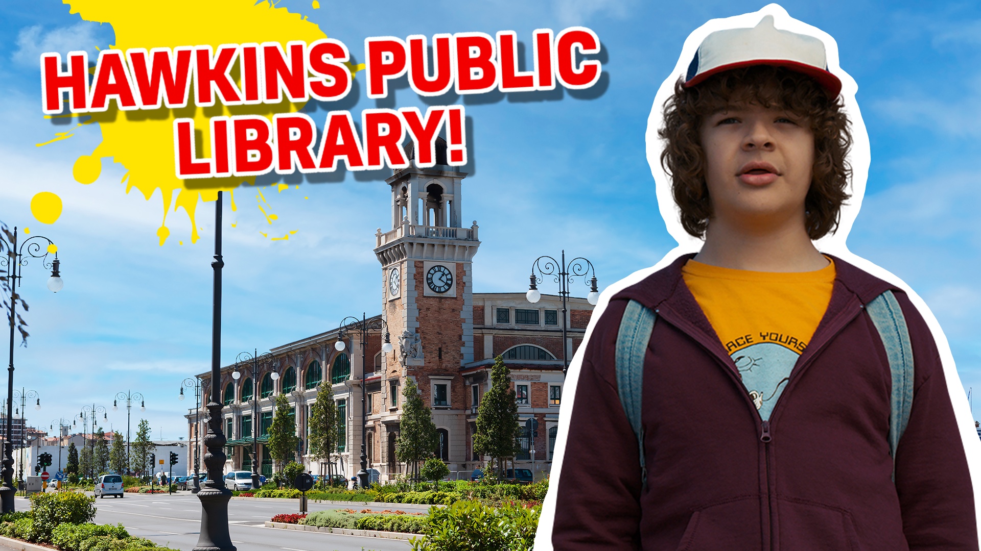 Stranger Things’ Dustin Henderson outside a big town library