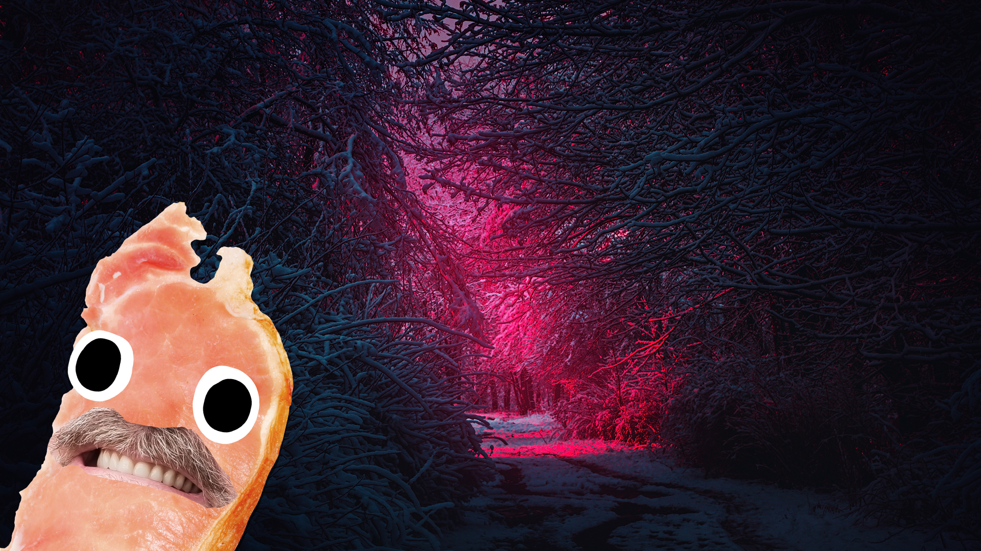 A scared piece of bacon in a spooky forest