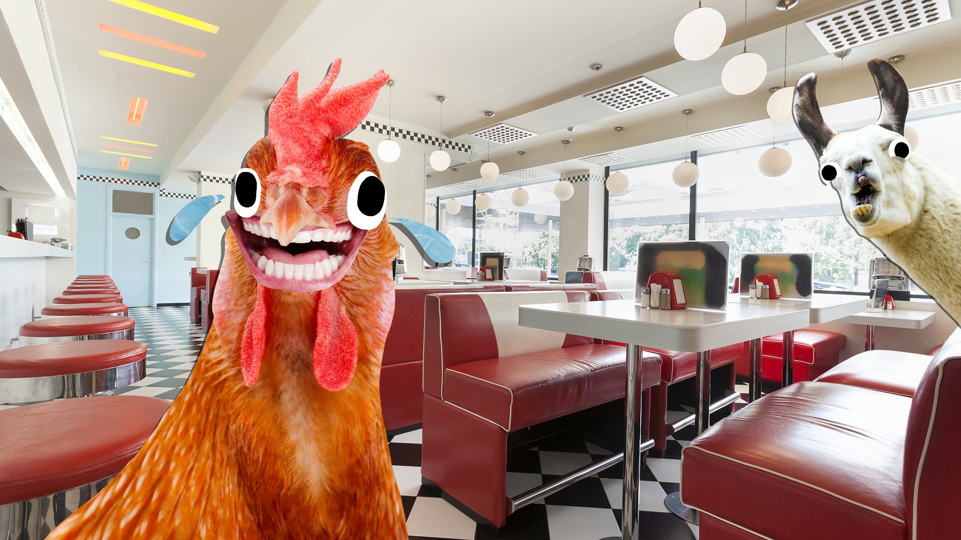 A chicken and llama eating in a diner
