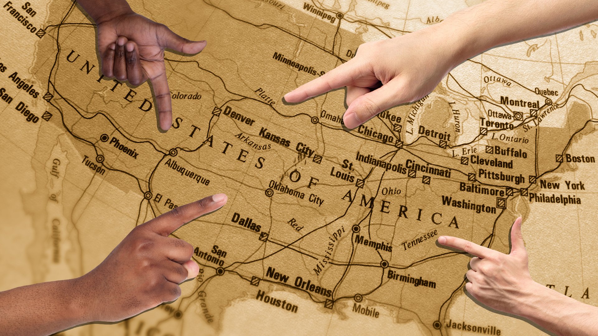 Four people pointing to a map of the USA