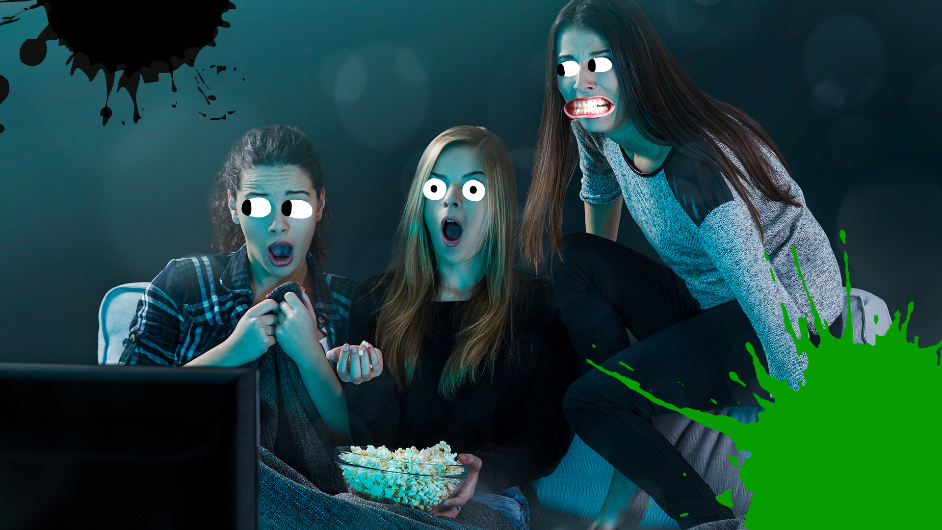 3 women watching a scary movie