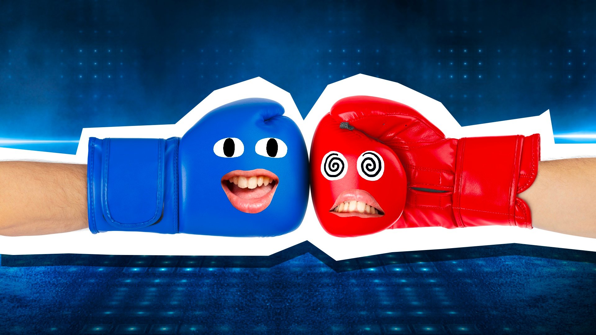A blue and a red boxing glove