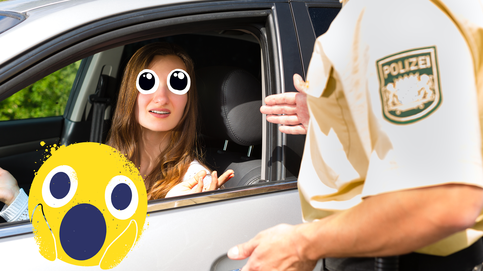 Woman getting speeding ticket, gasping emoji