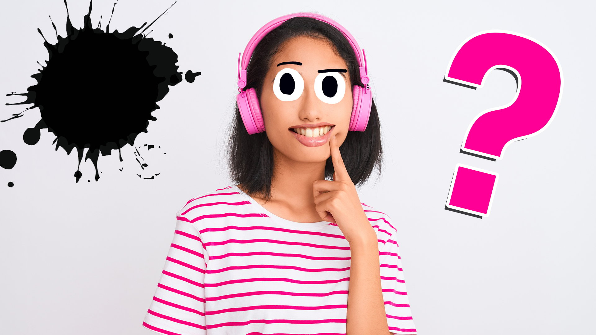 A girl thinking about a question whilst wearing pink headphones
