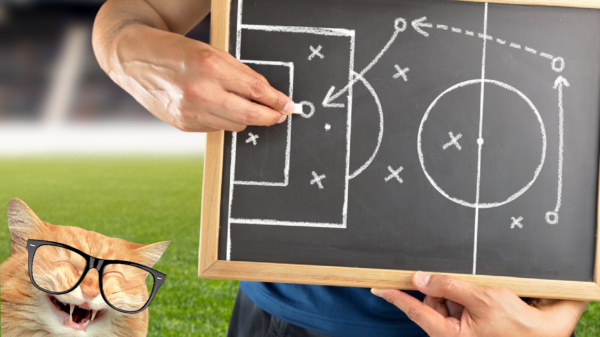 A chalk board with football tactics drawn on