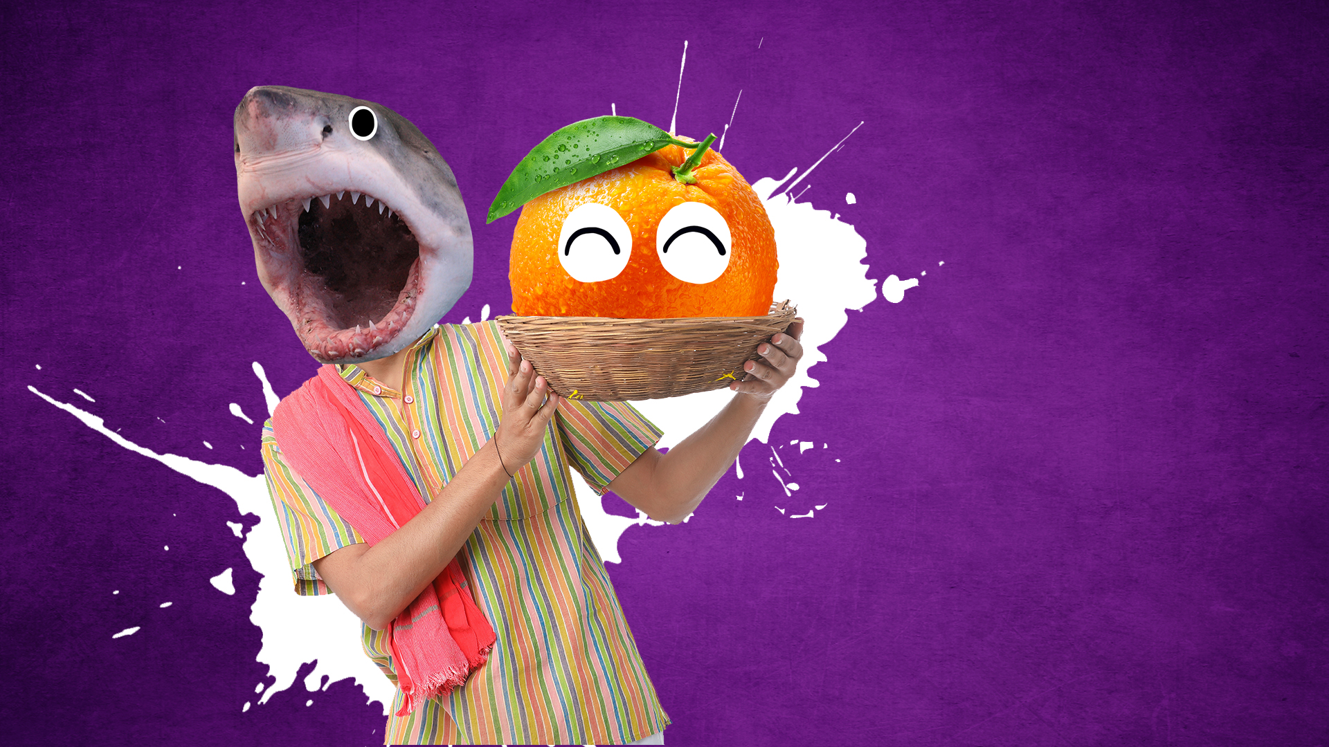 A shark holding a big orange in front of a purple background