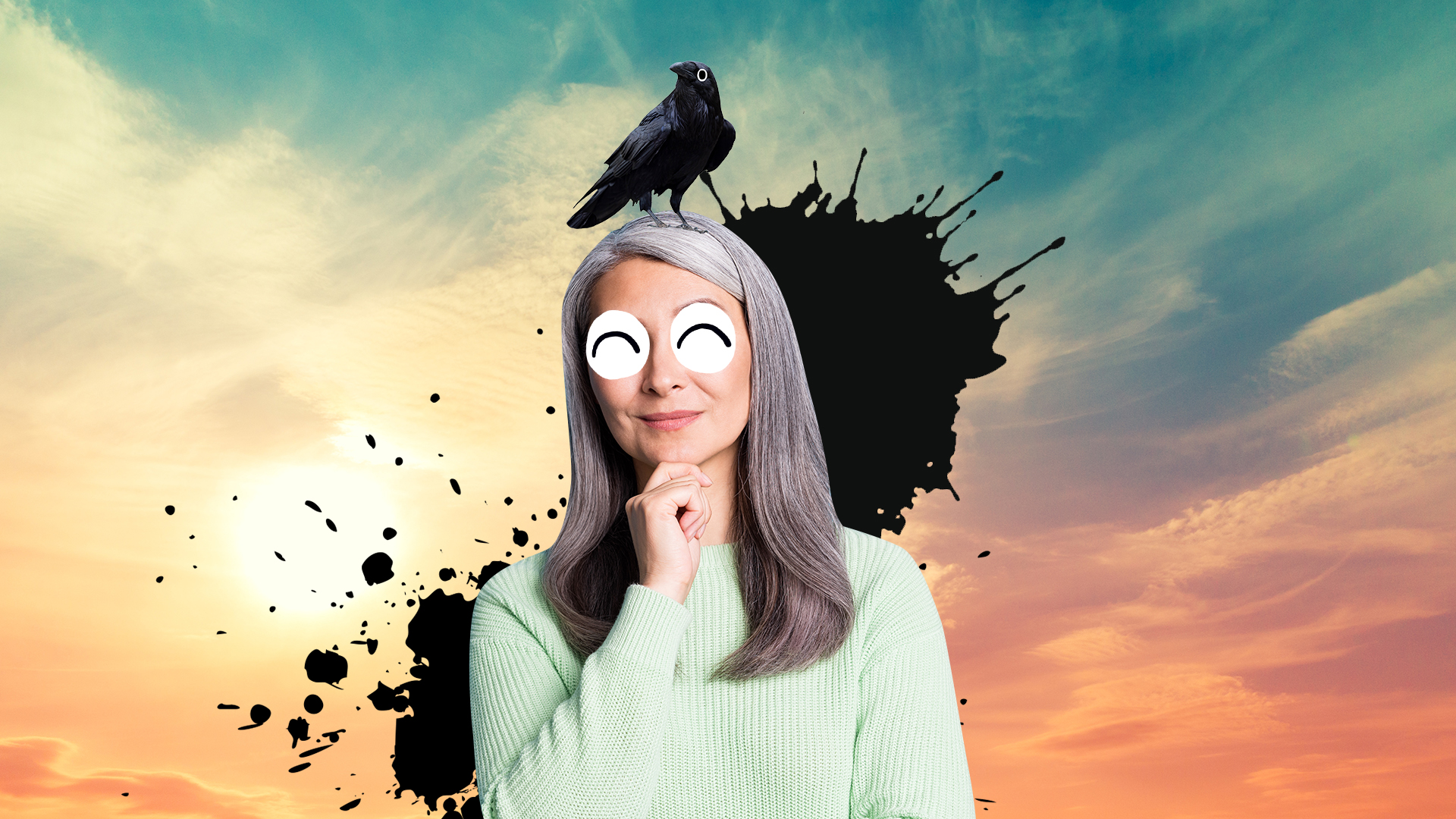 A woman smiling with a crow on her head