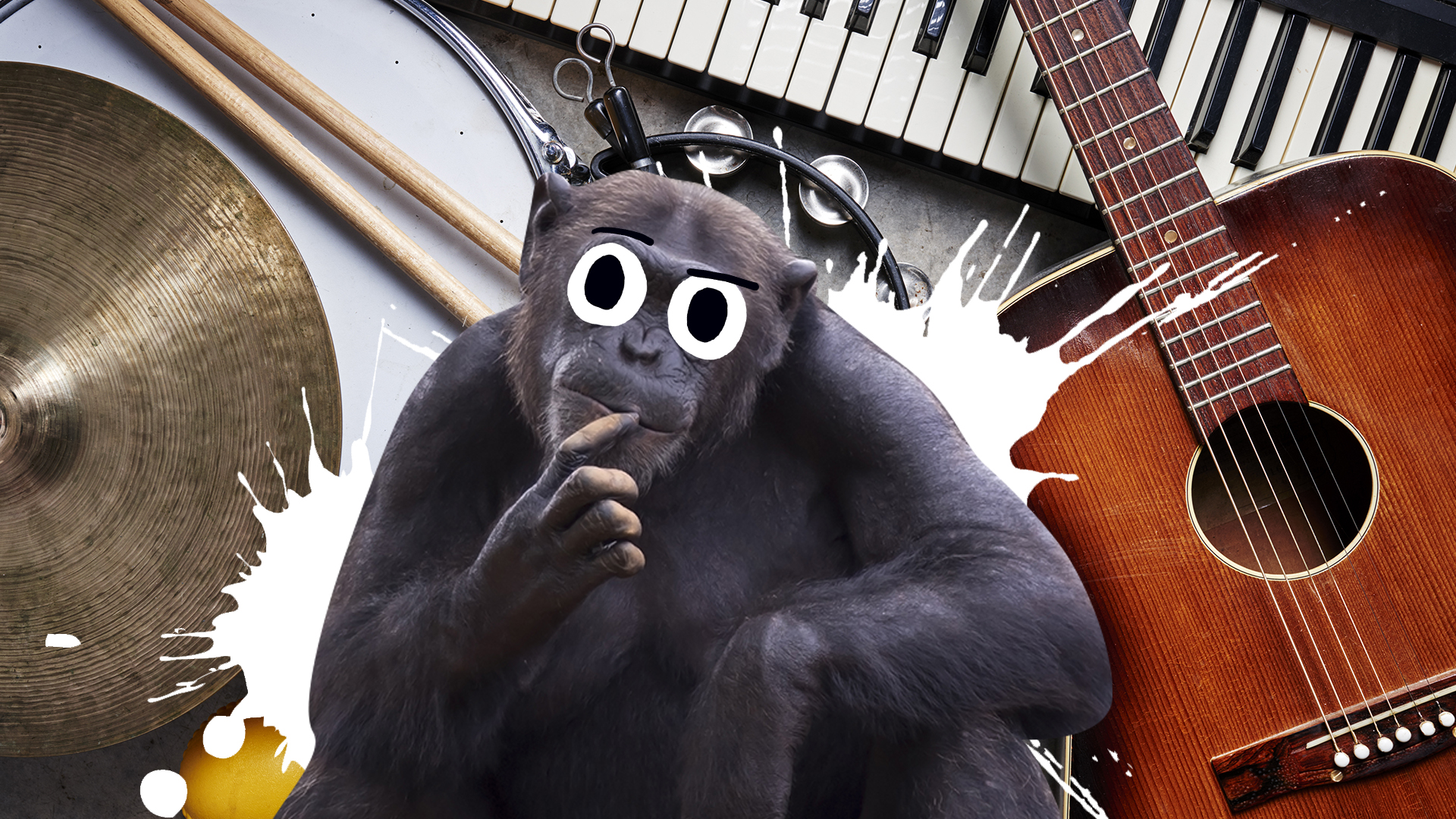 A chimp surrounded by musical instruments