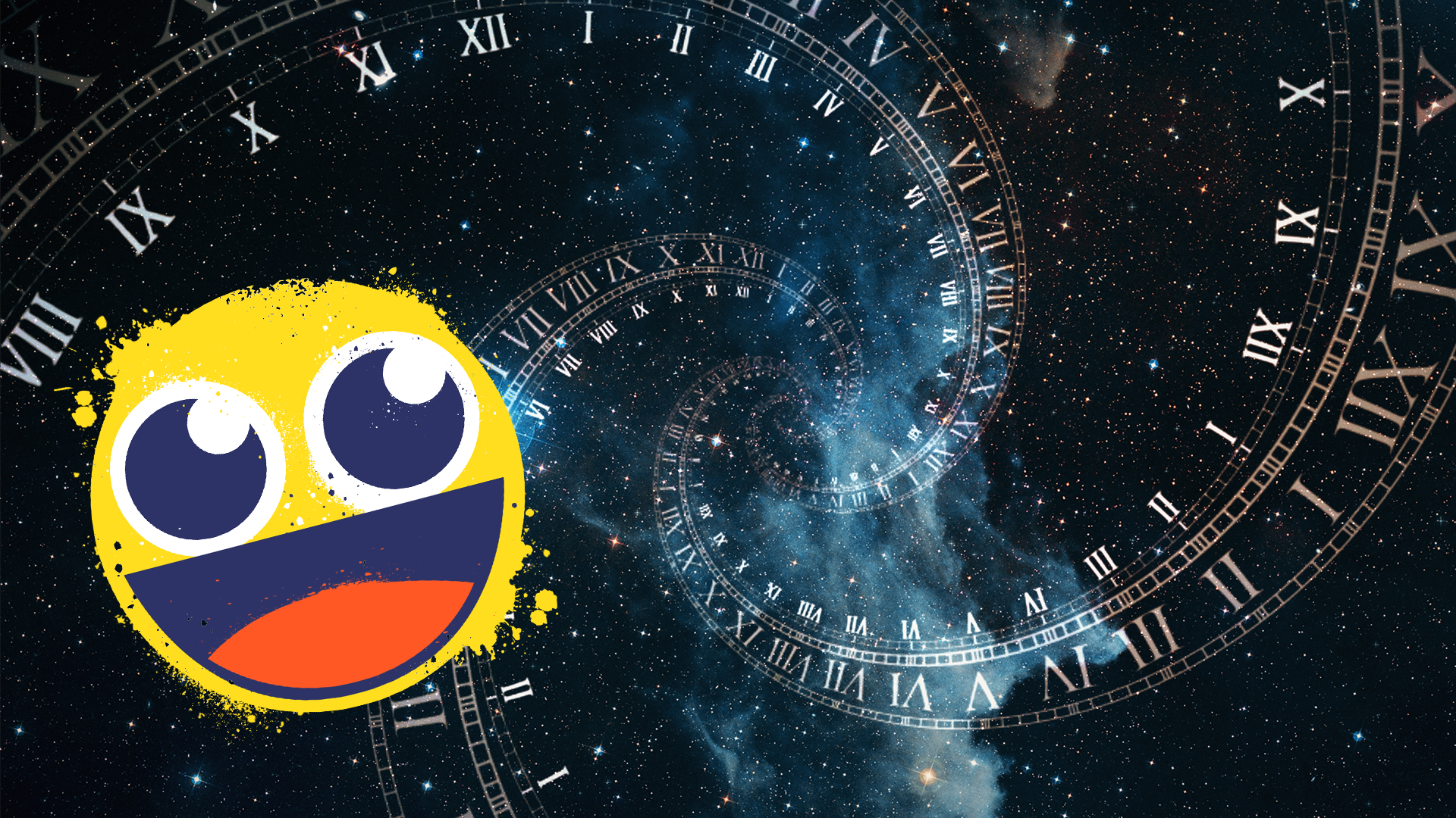 A smiling emoji and a swirling clock