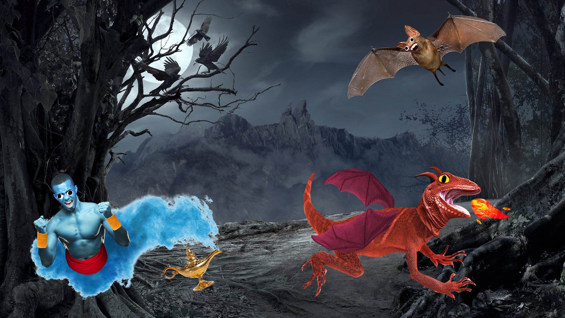 A genie, a bat and a fire breathing dragon