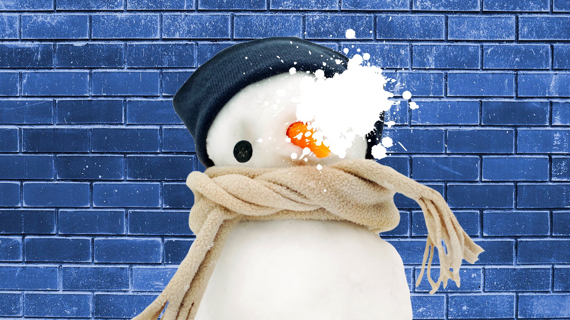 A snowman hit with a snowball