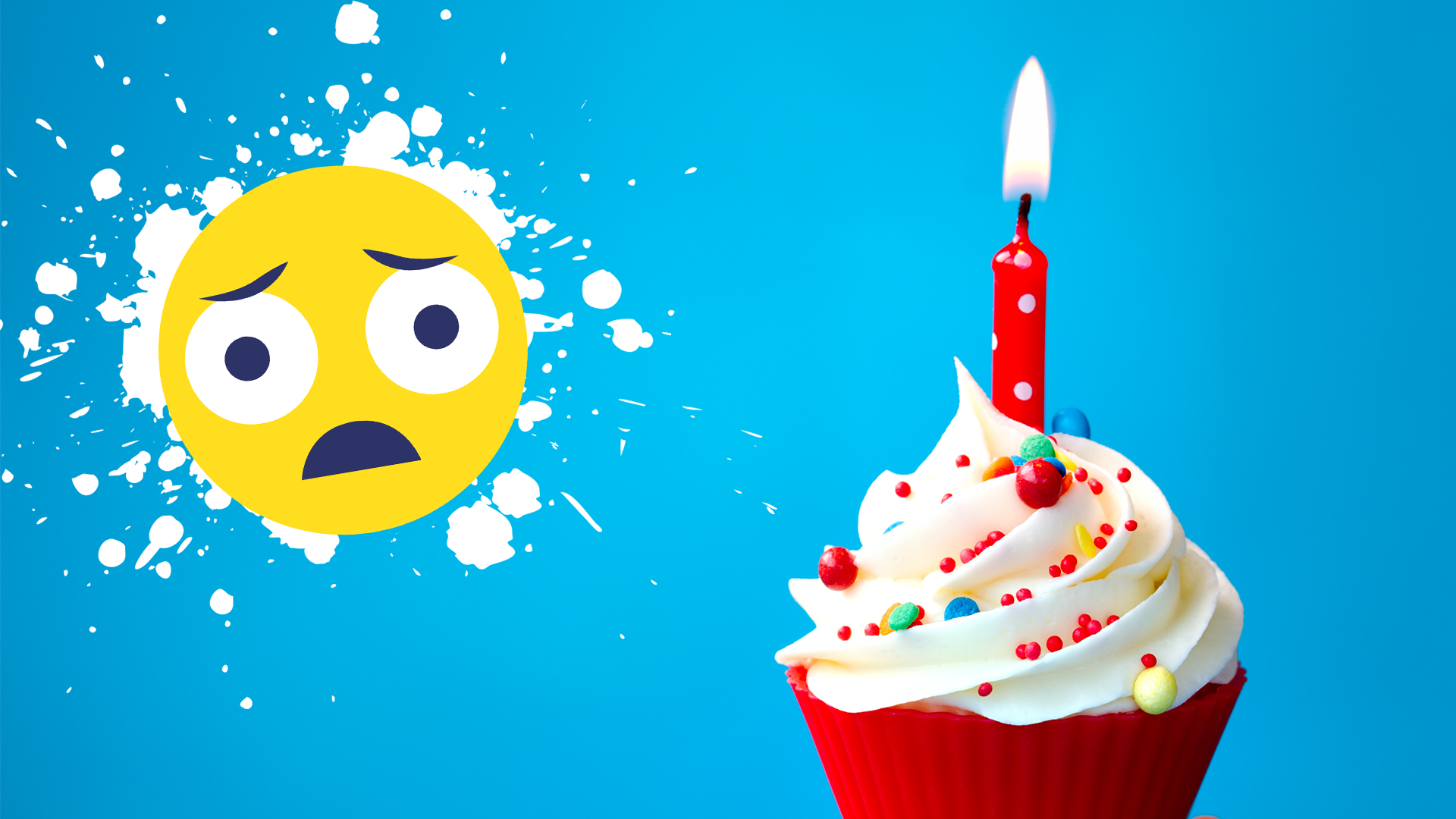 A sad emoji and a birthday cupcake