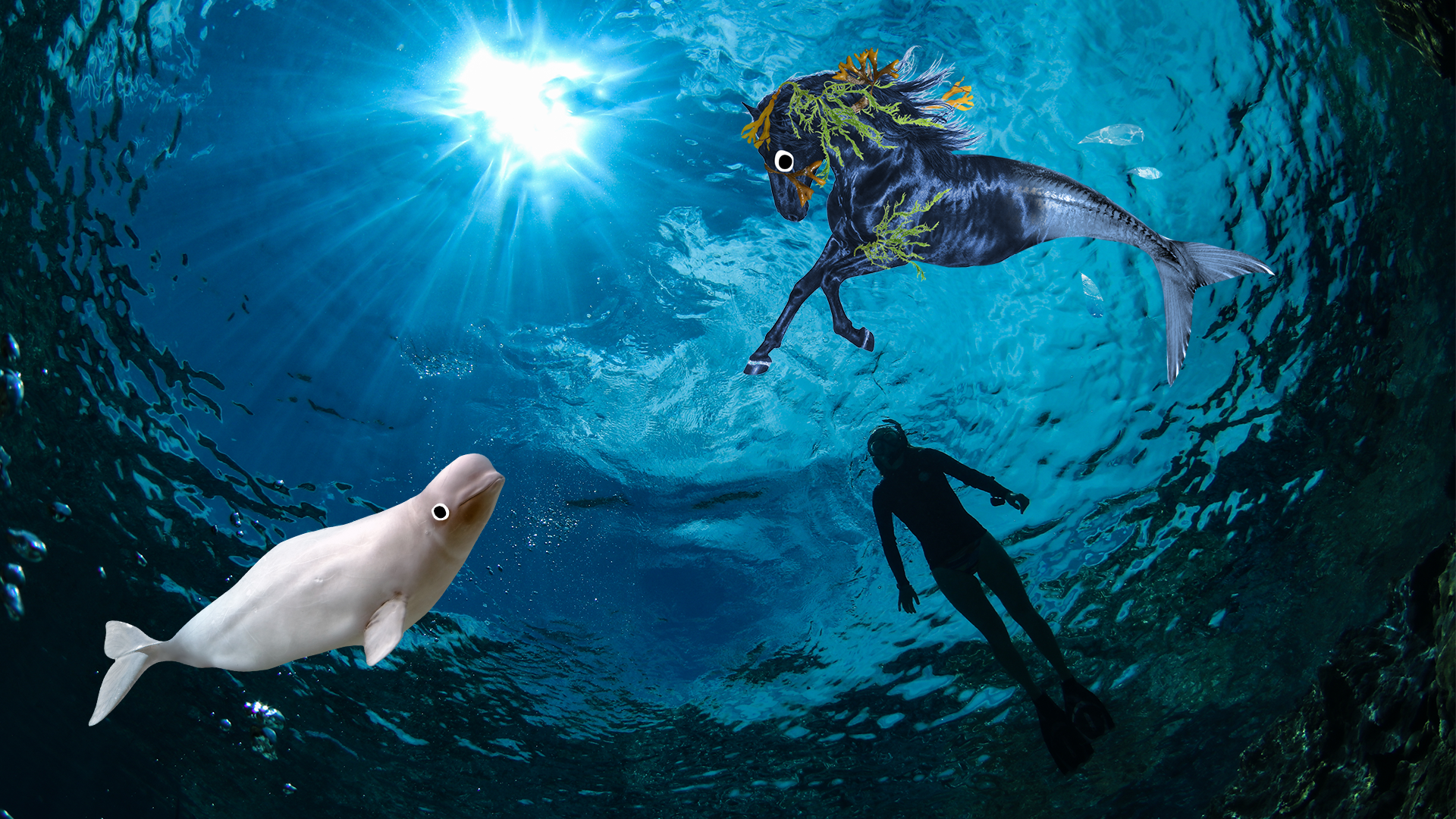 Creatures and a human swimming underwater