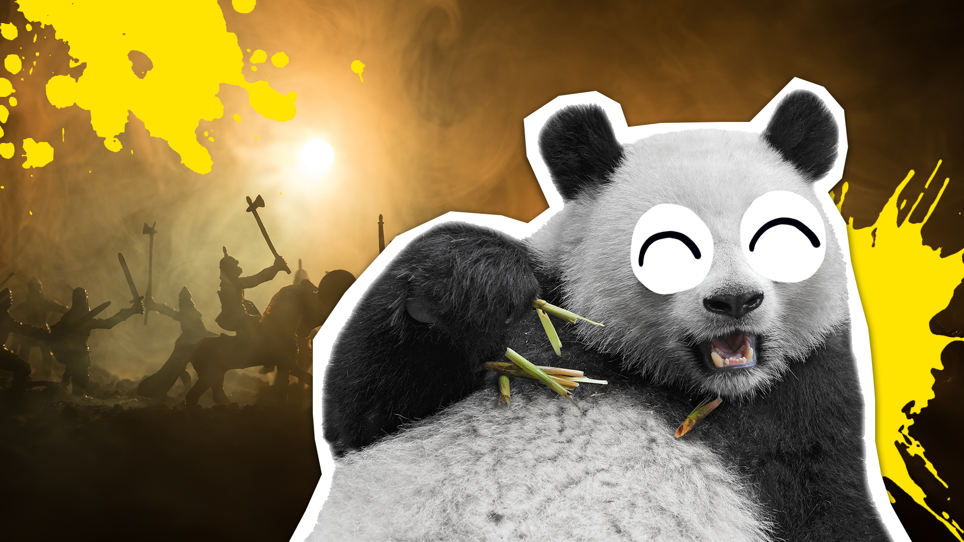 A panda eats bamboo with a backdrop of a medieval battle