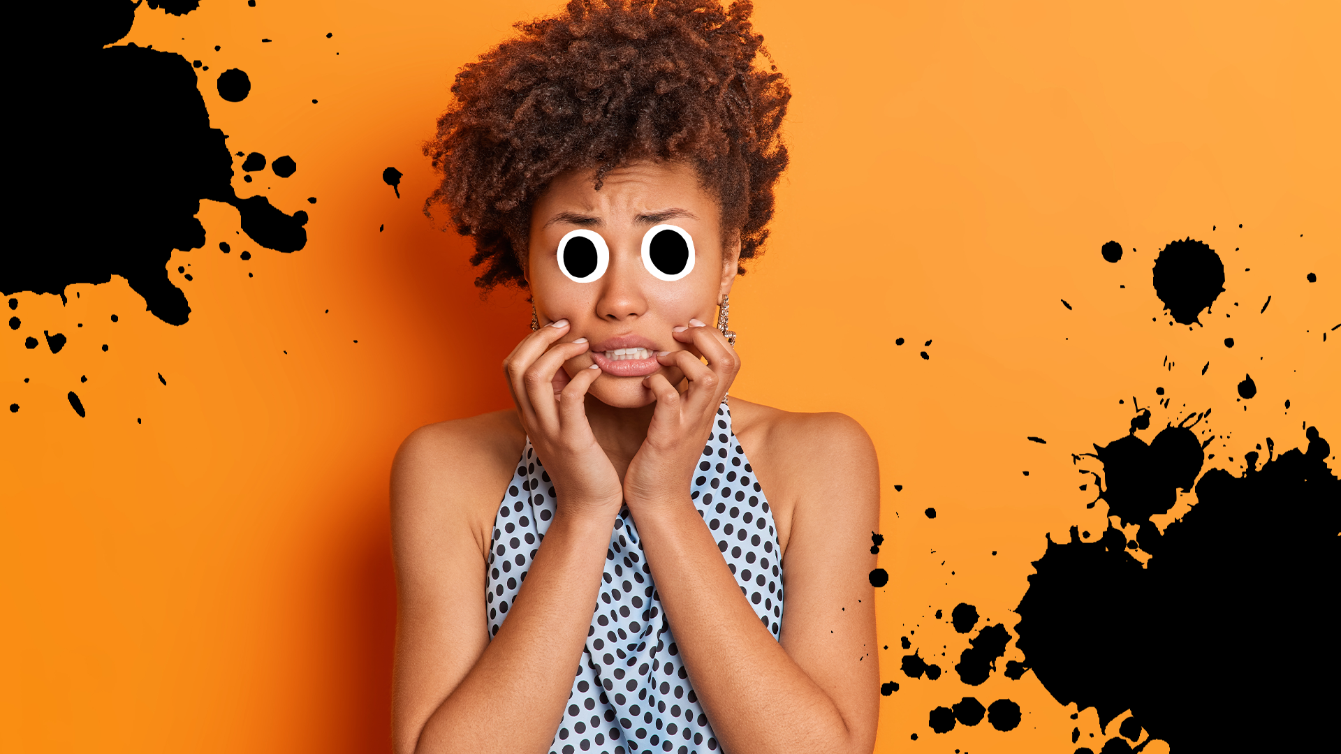 Woman looking nervous with splats